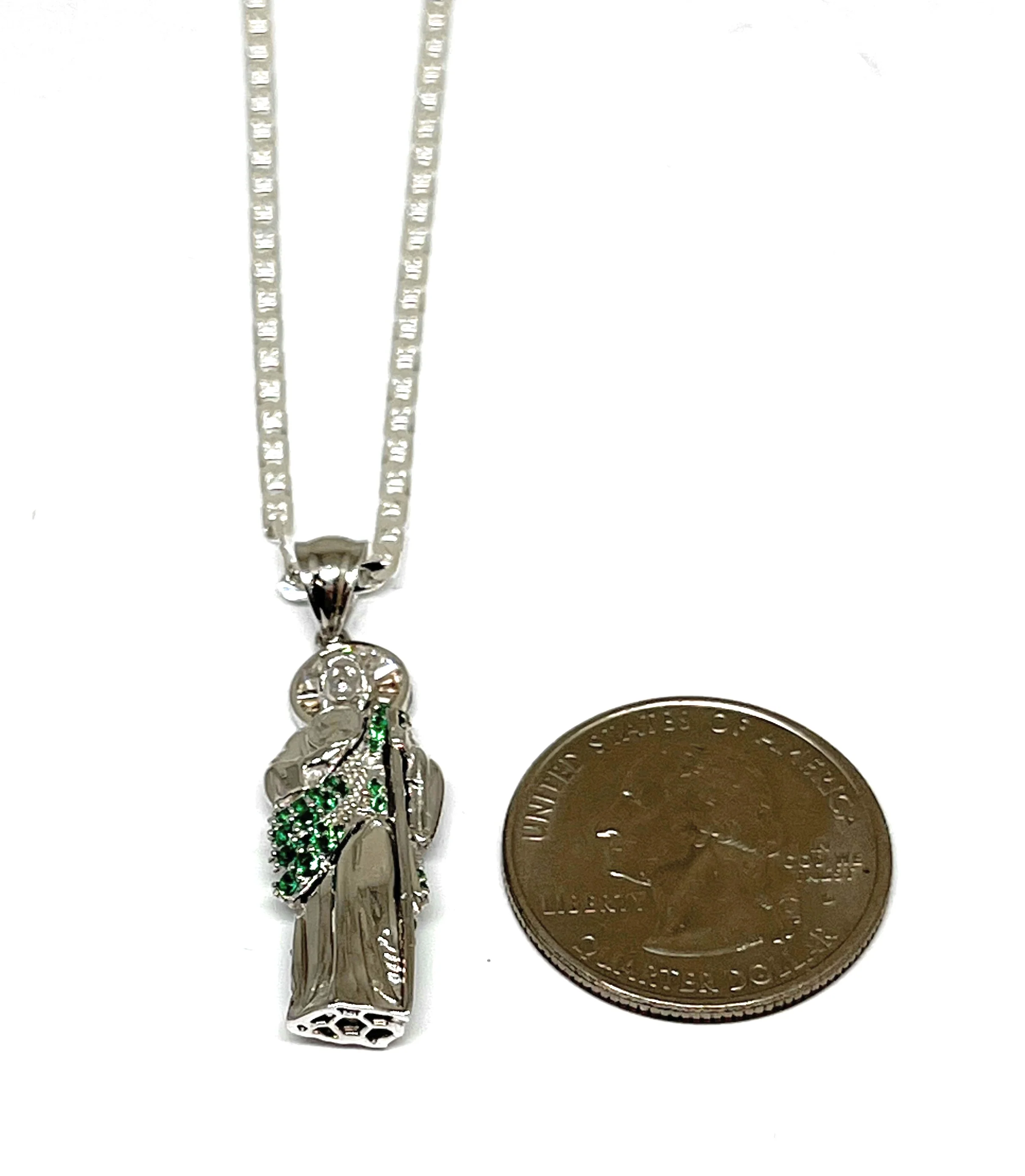 .925 Silver Saan Judas GREEN CZ Saaint Jude 3D Pendant Green CZ Full 3D Statue (SM,LG) - Image 4