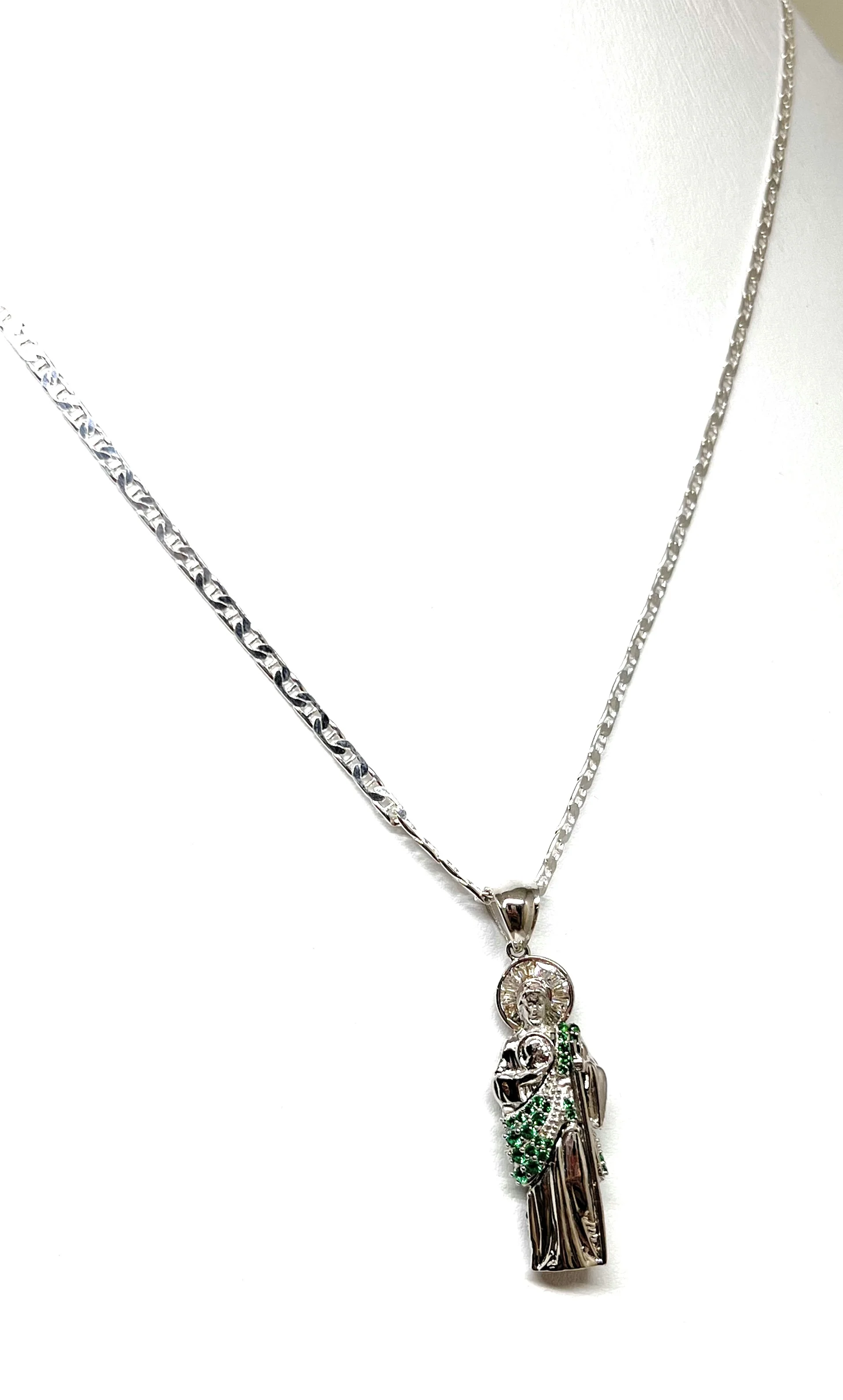 .925 Silver Saan Judas GREEN CZ Saaint Jude 3D Pendant Green CZ Full 3D Statue (SM,LG) - Image 5