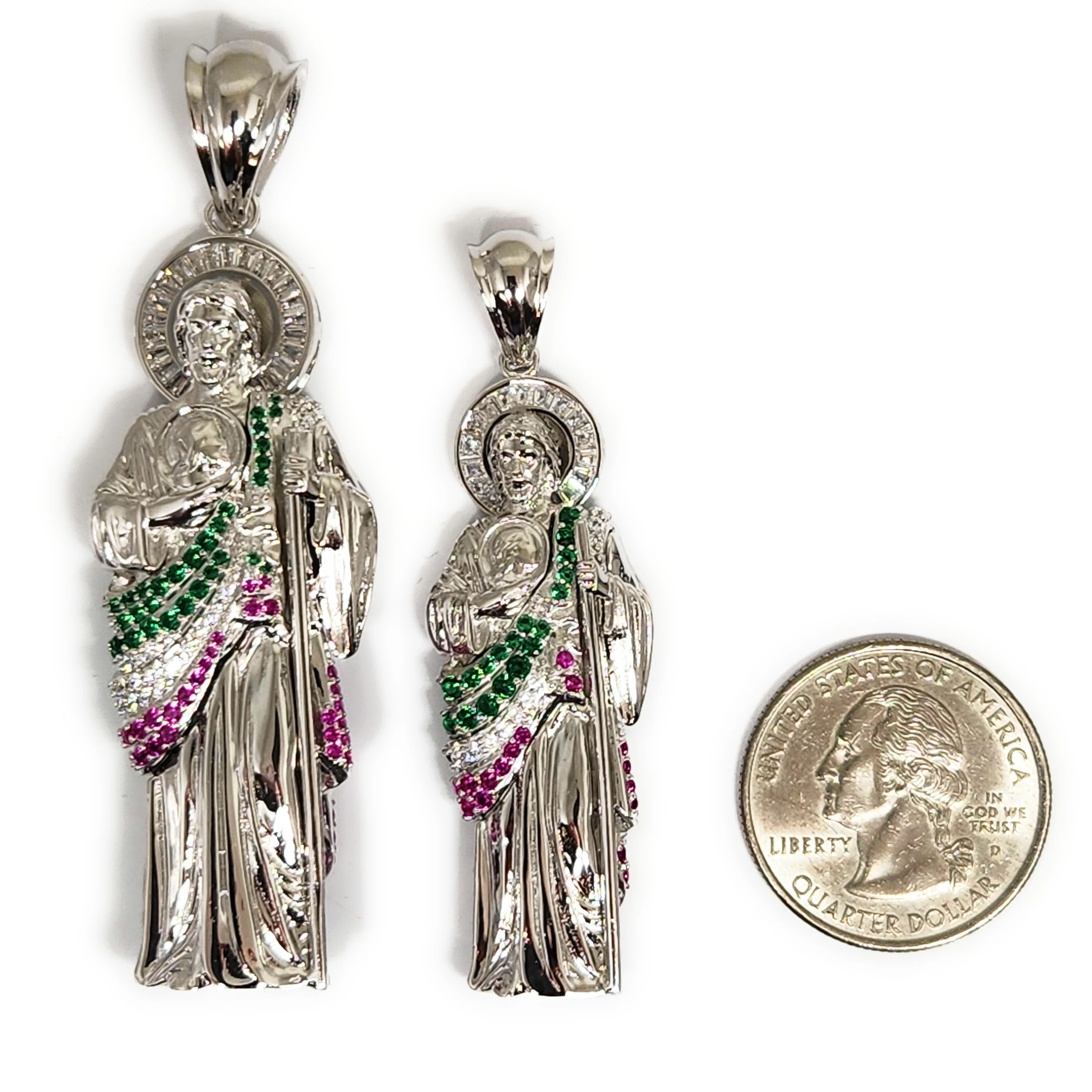 .925 Silver Saan Judas GREEN,WHITE,RED CZ Saaint Jude 3D Pendant CZ Full 3D Statue (XS,SM,MED,LG) - Image 2
