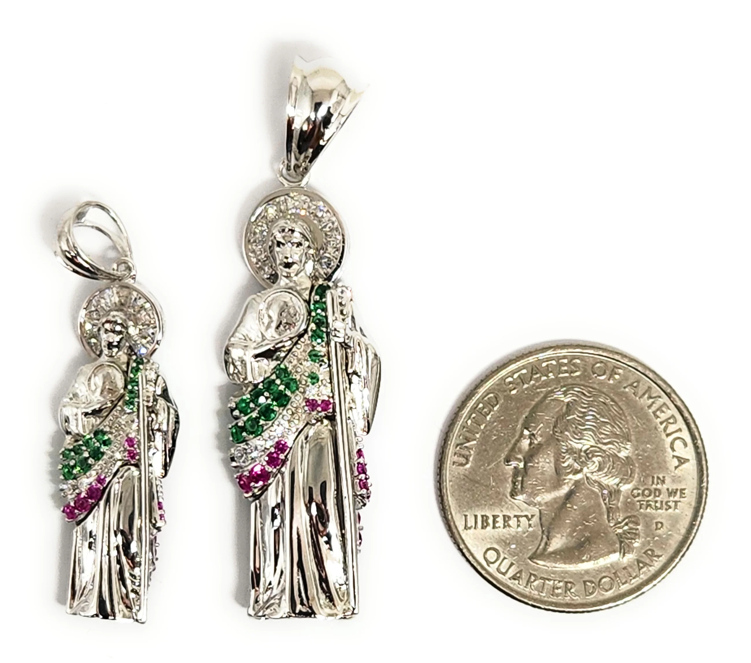 .925 Silver Saan Judas GREEN,WHITE,RED CZ Saaint Jude 3D Pendant CZ Full 3D Statue (XS,SM,MED,LG) - Image 3