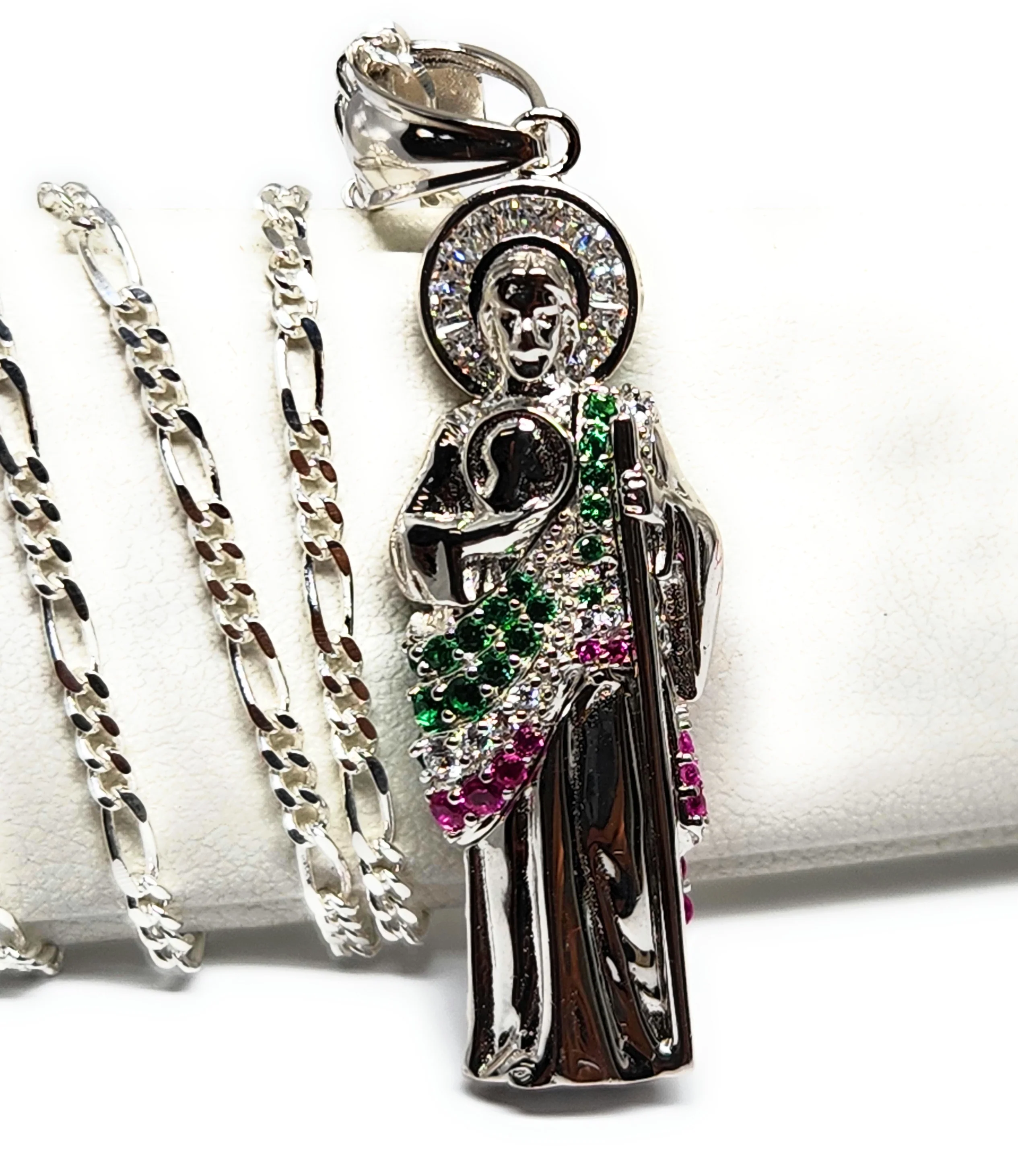 .925 Silver Saan Judas GREEN,WHITE,RED CZ Saaint Jude 3D Pendant CZ Full 3D Statue (XS,SM,MED,LG) - Image 4