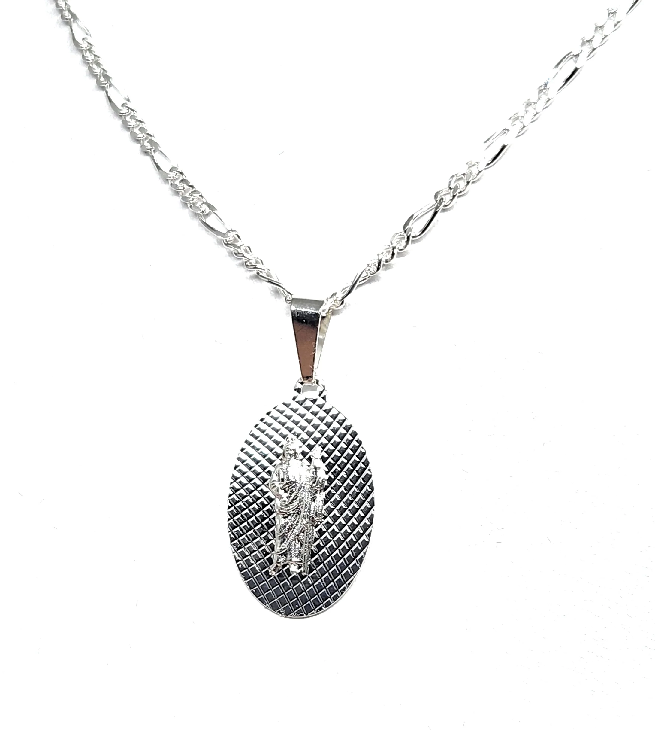 .925 Silver Saan Judas Oval Pendant Necklace with Figaro Chain - Image 4