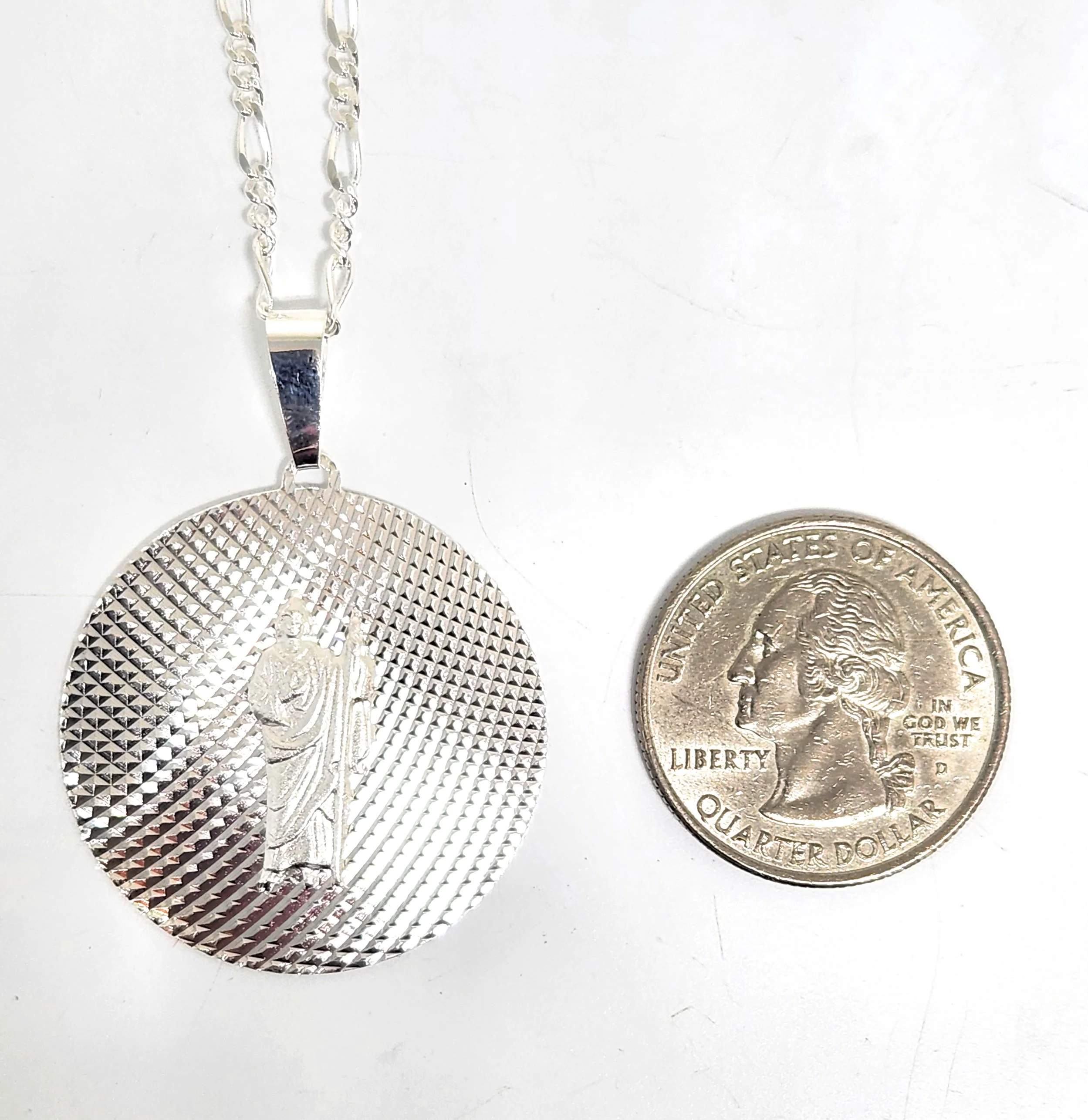 .925 Silver Saan Judas Round Pendant Necklace with Figaro Chain - Image 2