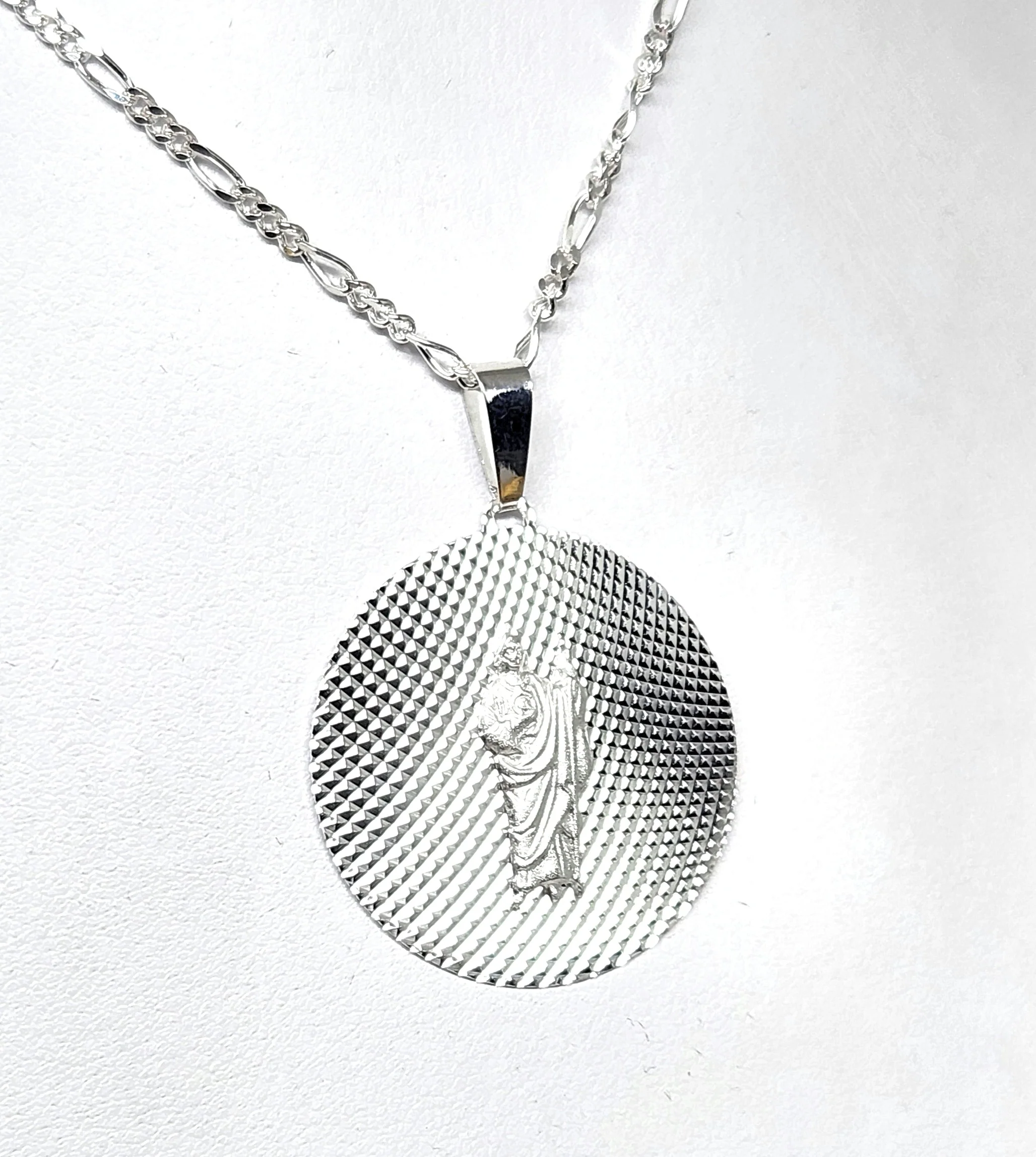 .925 Silver Saan Judas Round Pendant Necklace with Figaro Chain - Image 5