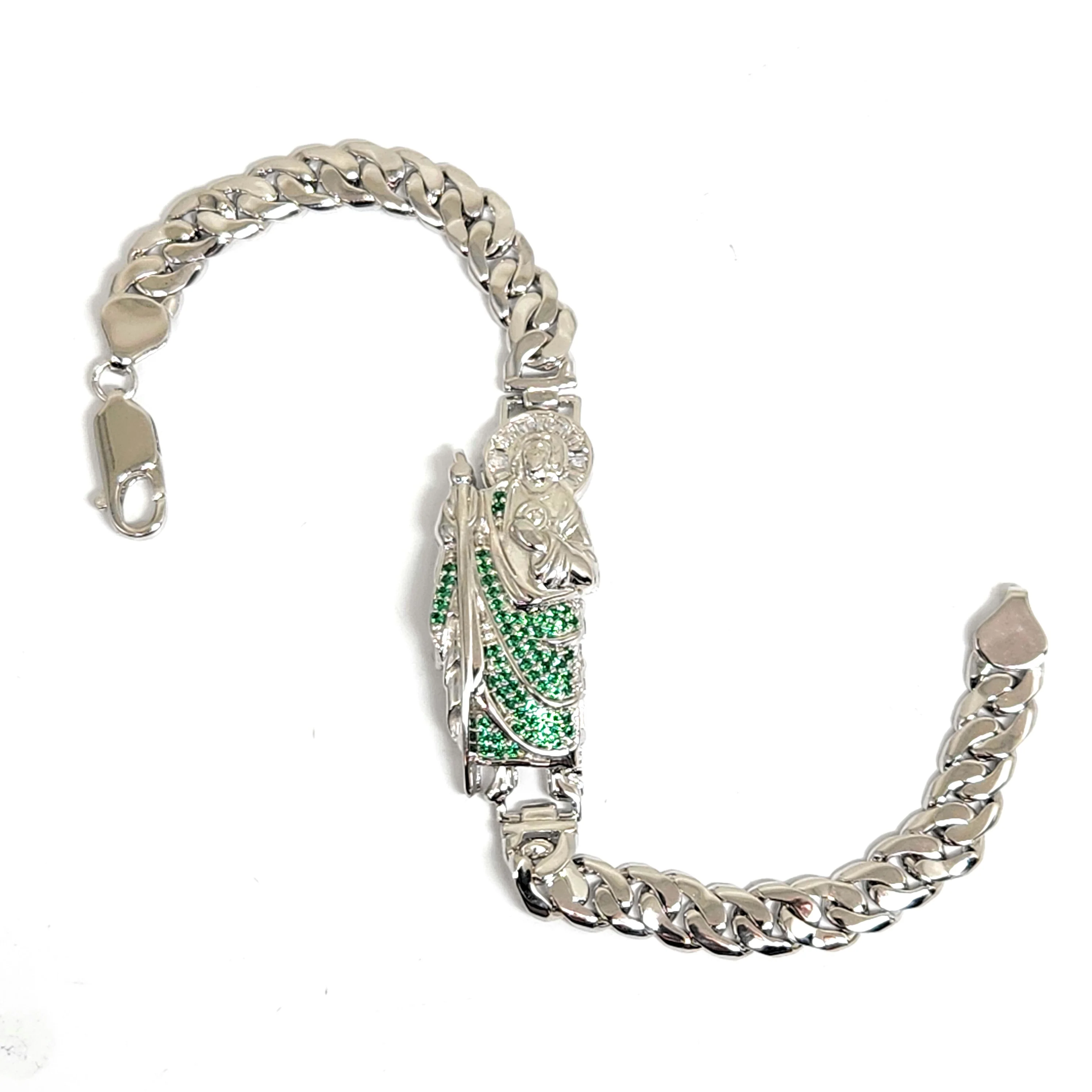 .925 Silver SAAN JUDAS SAAINT JUDE GREEN CZ MIAMI CUBAN LINK Braccelet 7-8 inch 6-9.5mm (LG, MED) - Image 10