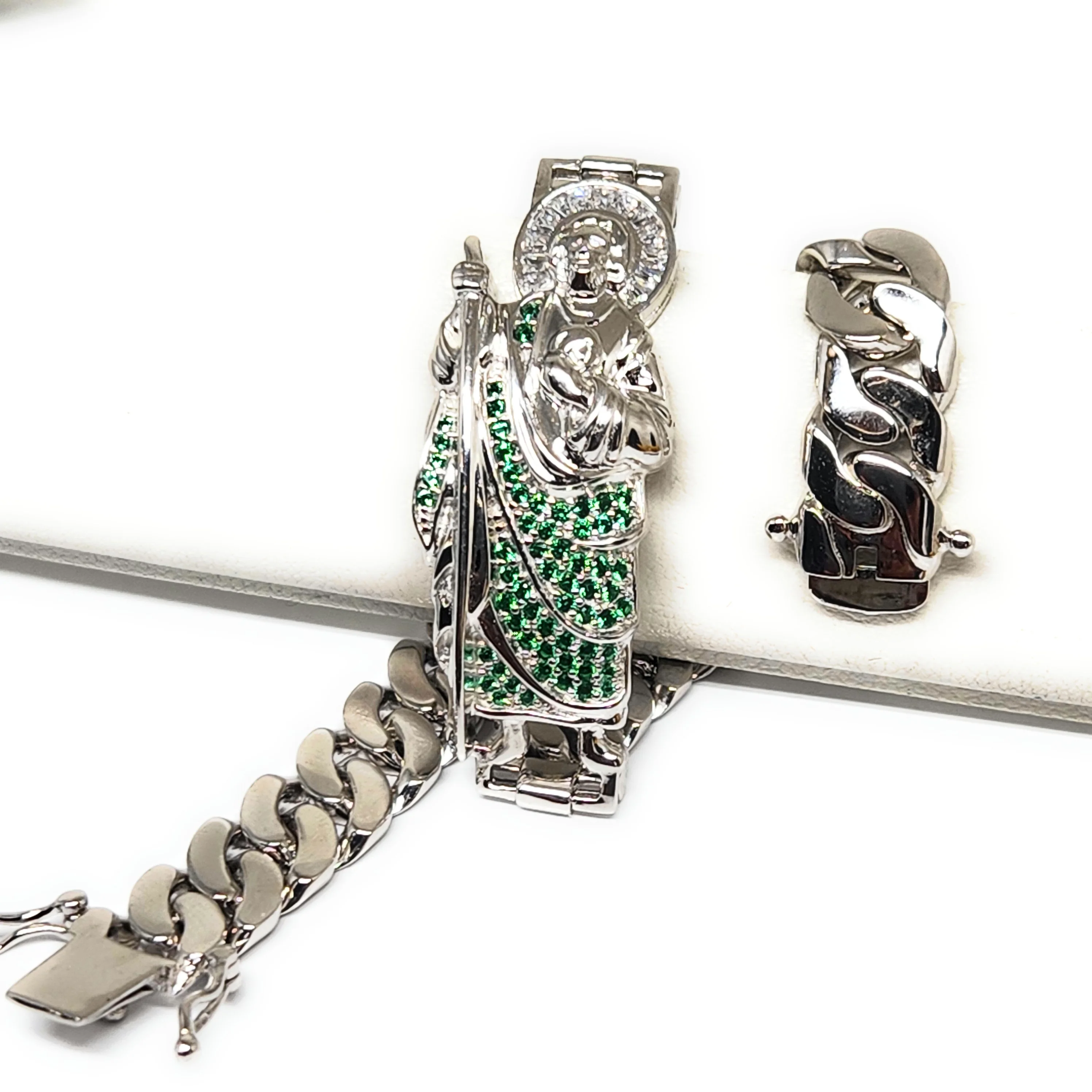 .925 Silver SAAN JUDAS SAAINT JUDE GREEN CZ MIAMI CUBAN LINK Braccelet 7-8 inch 6-9.5mm (LG, MED) - Image 11