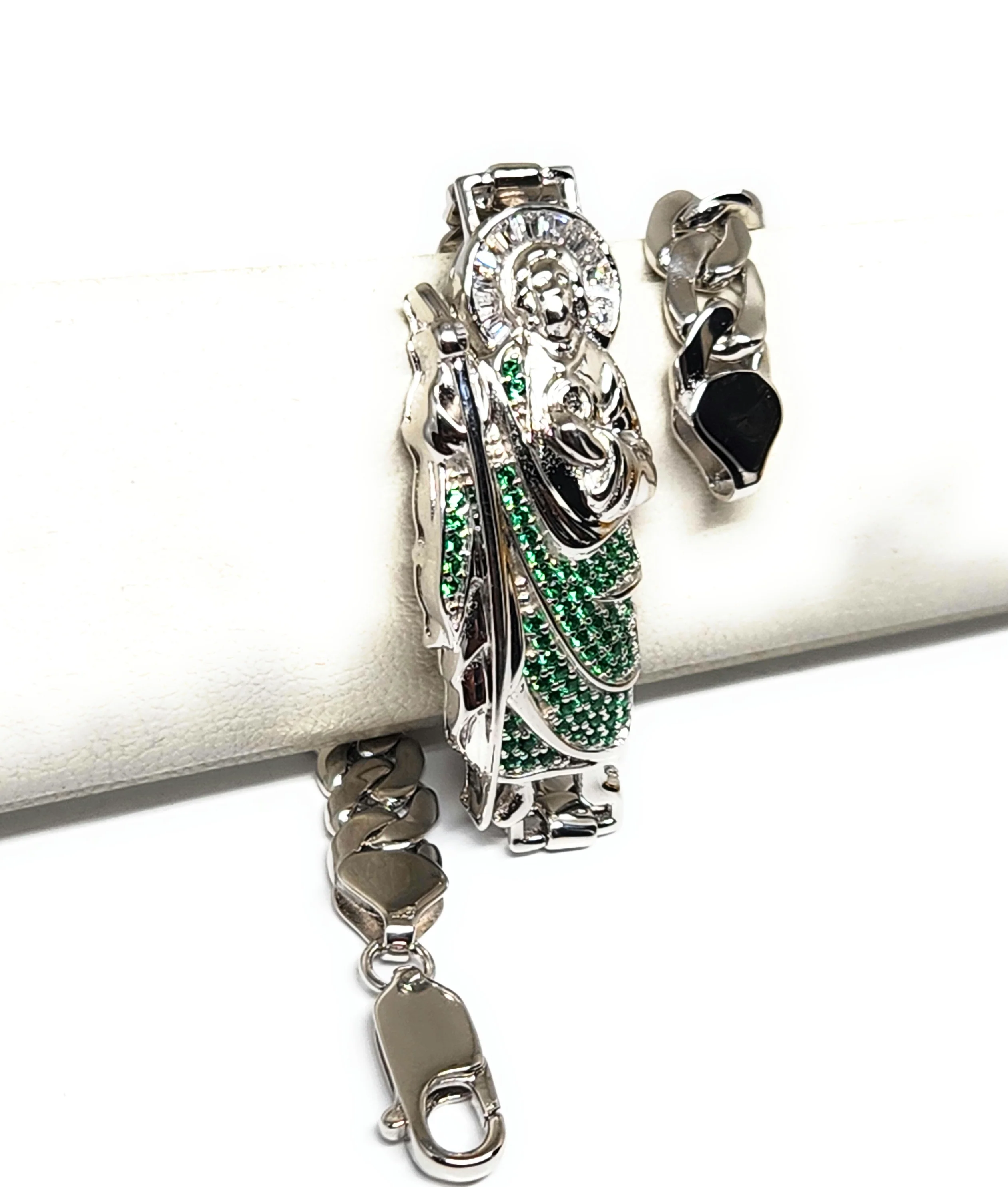 .925 Silver SAAN JUDAS SAAINT JUDE GREEN CZ MIAMI CUBAN LINK Braccelet 7-8 inch 6-9.5mm (LG, MED) - Image 13