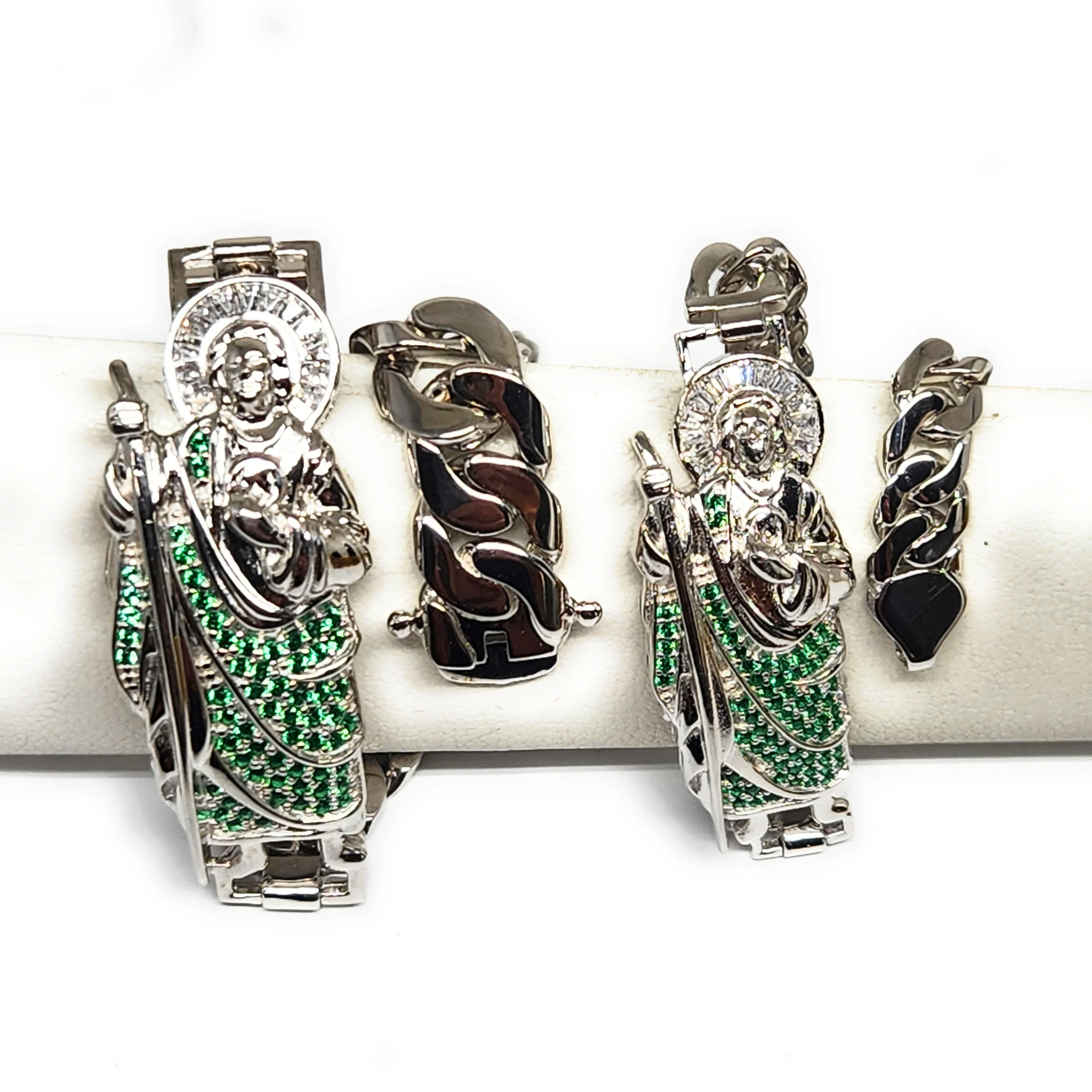 .925 Silver SAAN JUDAS SAAINT JUDE GREEN CZ MIAMI CUBAN LINK Braccelet 7-8 inch 6-9.5mm (LG, MED) - Image 4