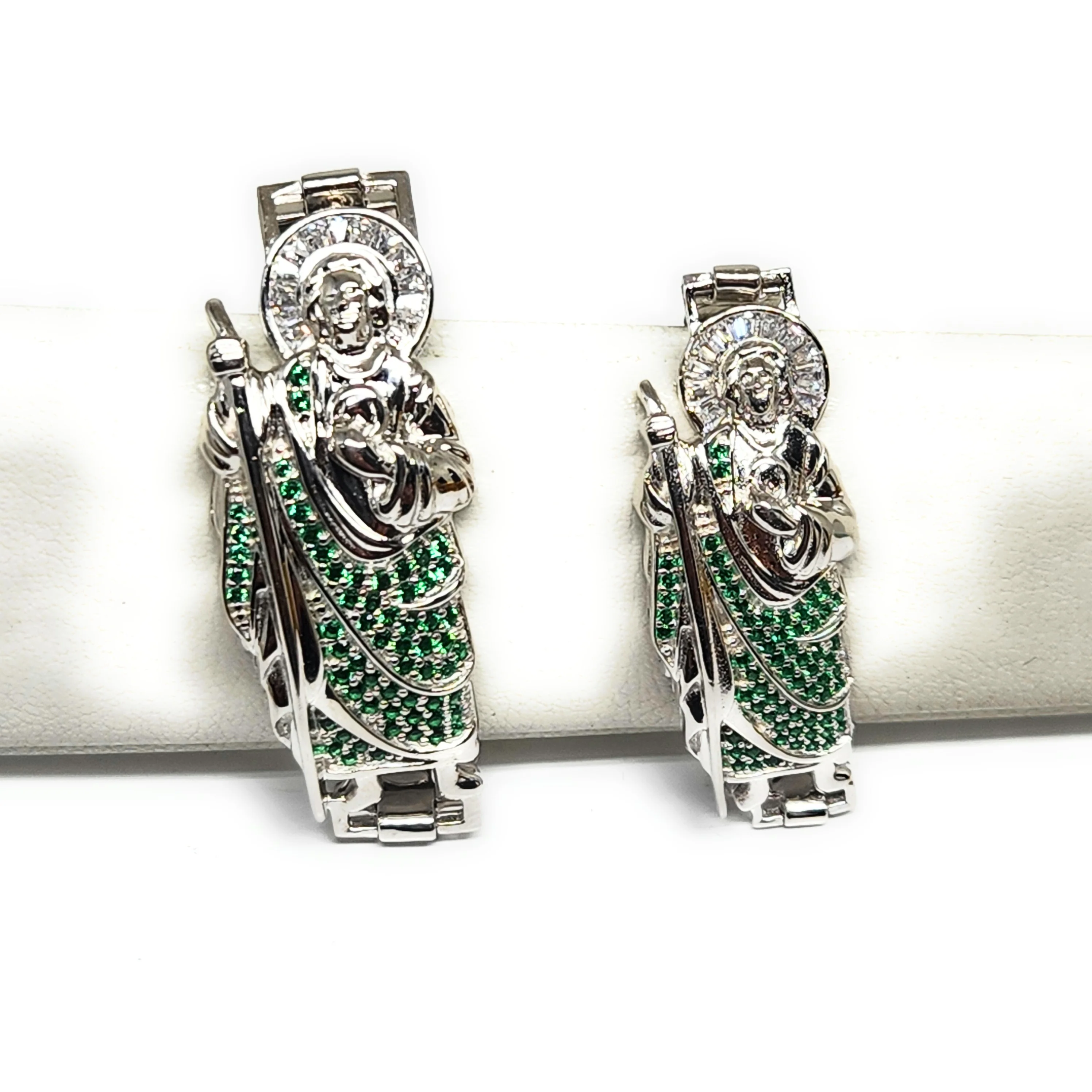 .925 Silver SAAN JUDAS SAAINT JUDE GREEN CZ MIAMI CUBAN LINK Braccelet 7-8 inch 6-9.5mm (LG, MED) - Image 5