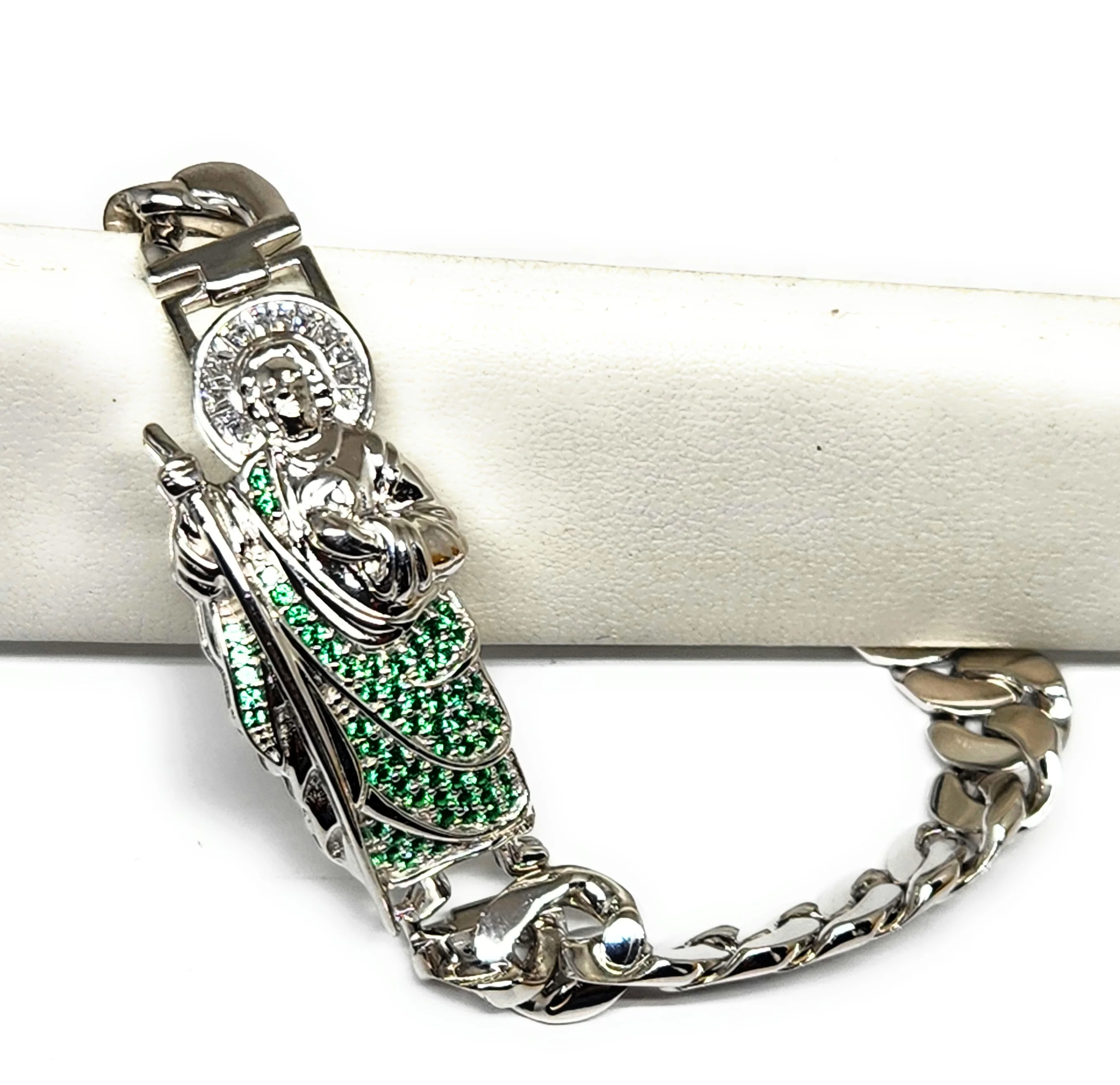 .925 Silver SAAN JUDAS SAAINT JUDE GREEN CZ MIAMI CUBAN LINK Braccelet 7-8 inch 6-9.5mm (LG, MED) - Image 6