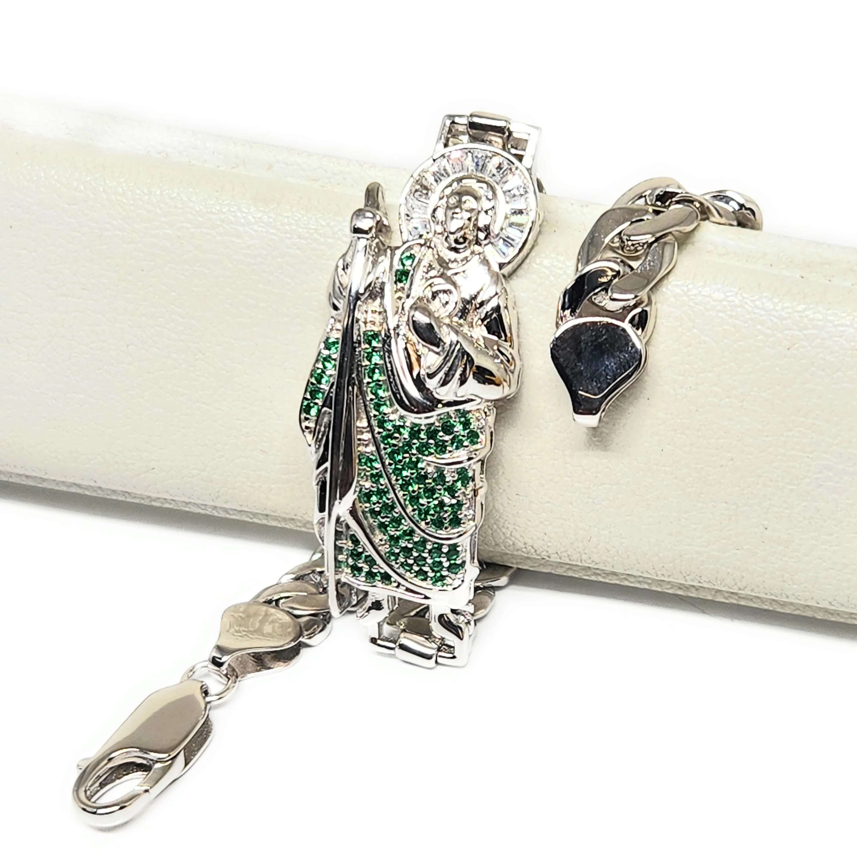.925 Silver SAAN JUDAS SAAINT JUDE GREEN CZ MIAMI CUBAN LINK Braccelet 7-8 inch 6-9.5mm (LG, MED) - Image 7