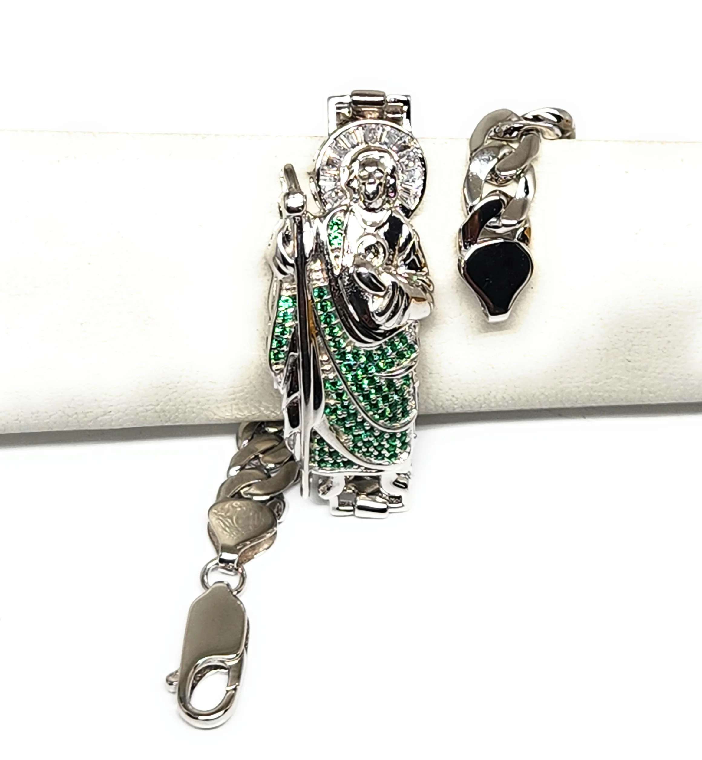 .925 Silver SAAN JUDAS SAAINT JUDE GREEN CZ MIAMI CUBAN LINK Braccelet 7-8 inch 6-9.5mm (LG, MED) - Image 8