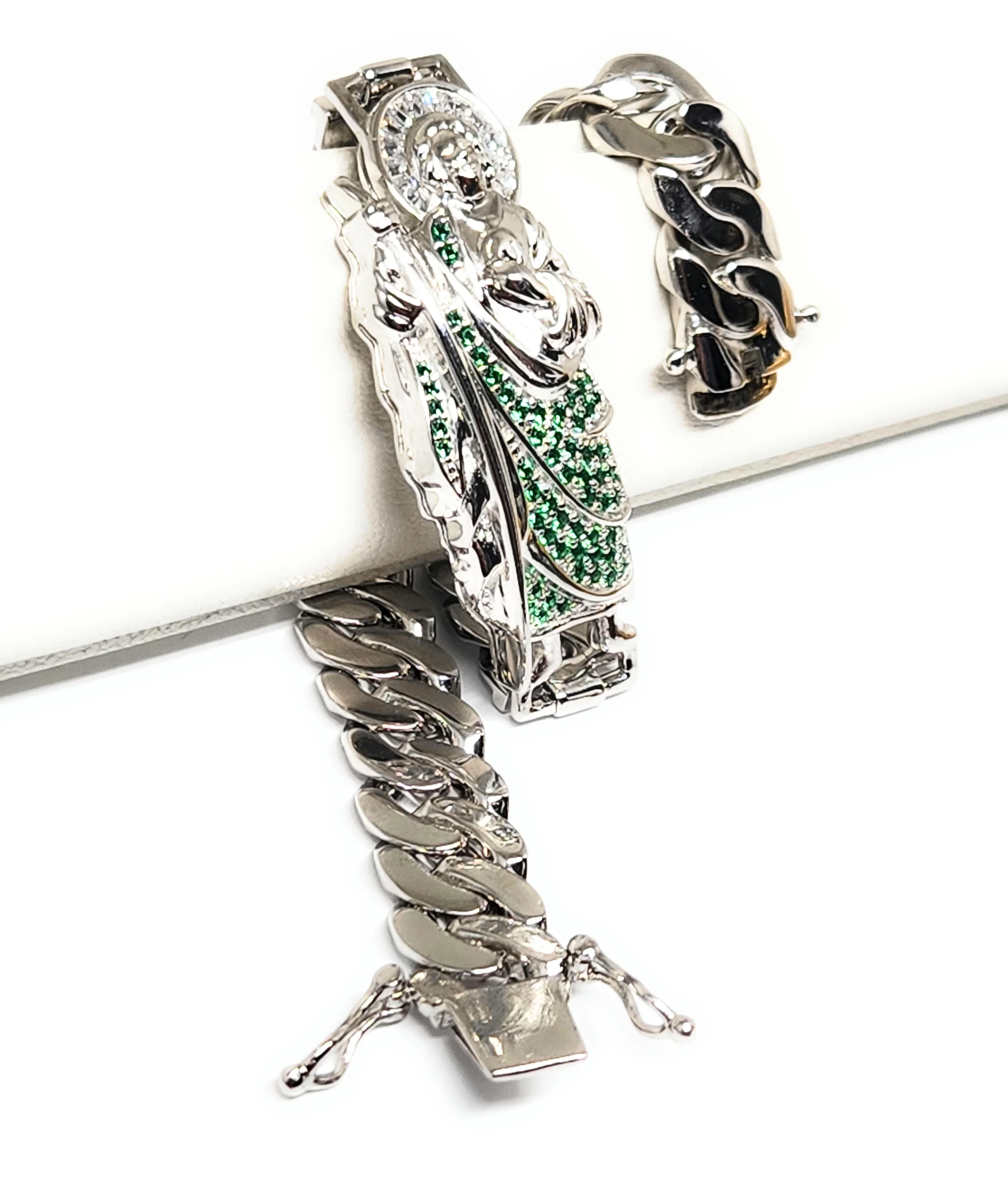 .925 Silver SAAN JUDAS SAAINT JUDE GREEN CZ MIAMI CUBAN LINK Braccelet 7-8 inch 6-9.5mm (LG, MED) - Image 9