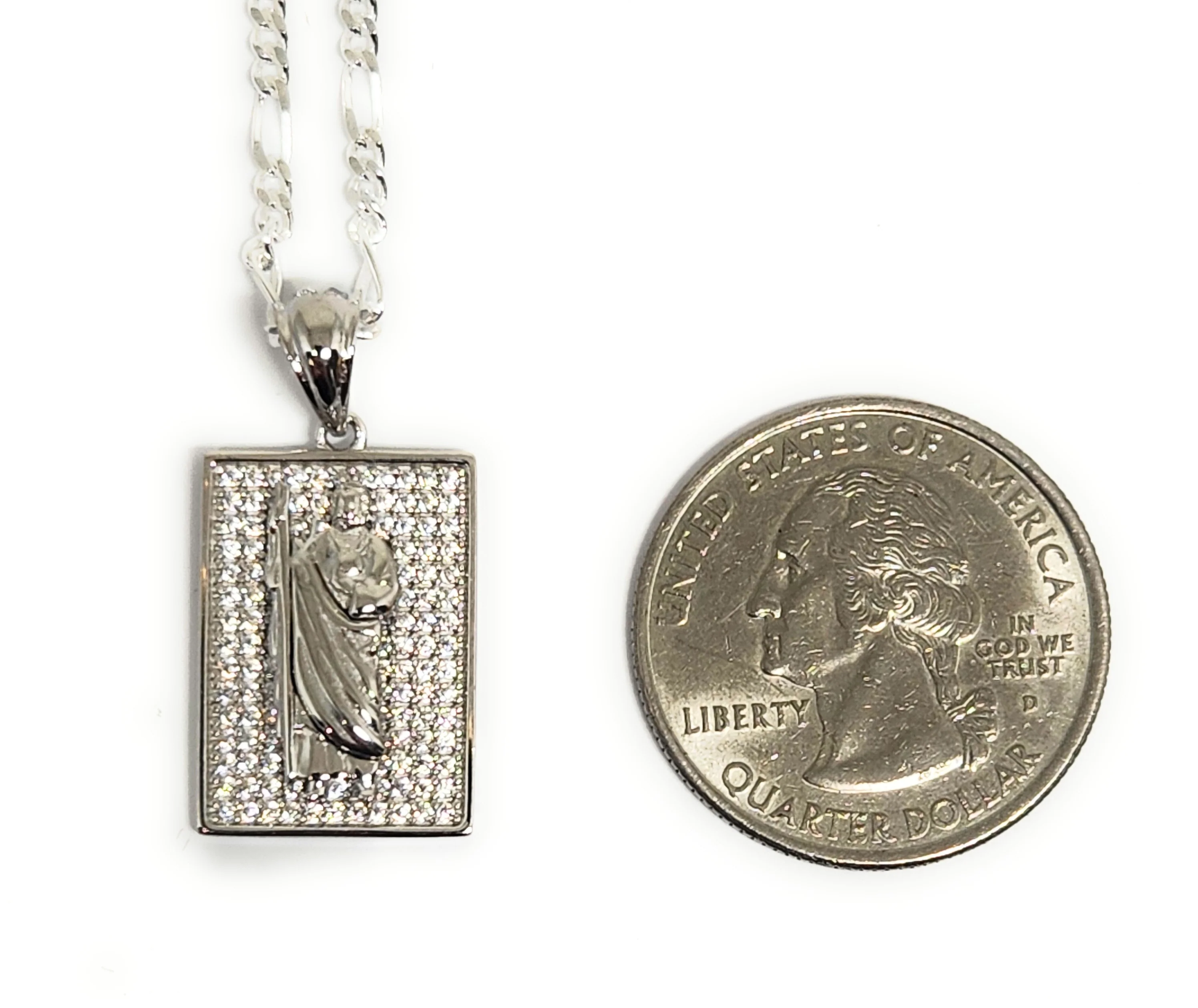 .925 Silver Saan Judas SQUARE CZ Pendant Necklace with FIGARO CHAIN - Image 2