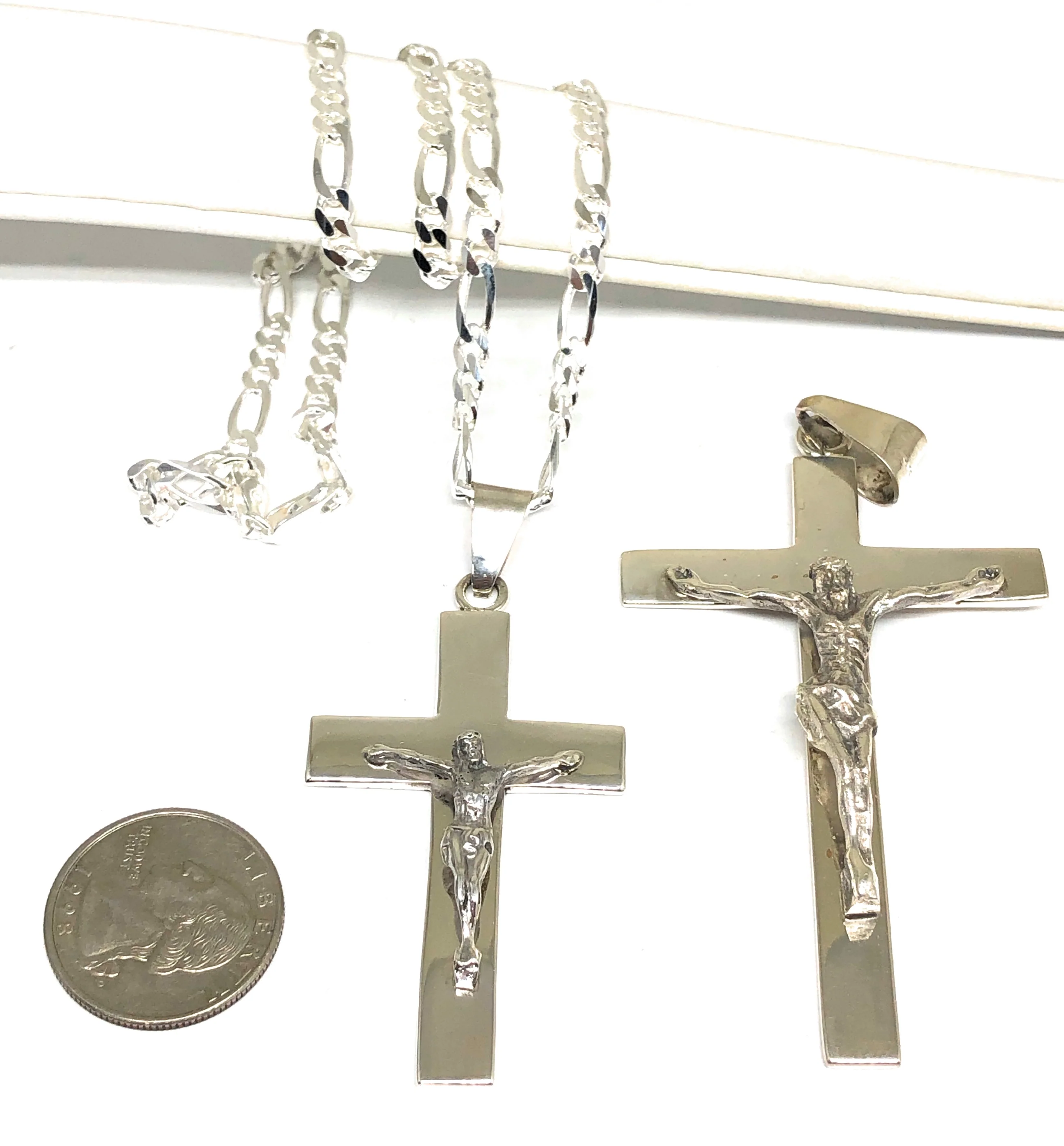 .925 Silver Solid Jesus Cross Crucifix Pendant Necklace with Figaro Chain - Image 2