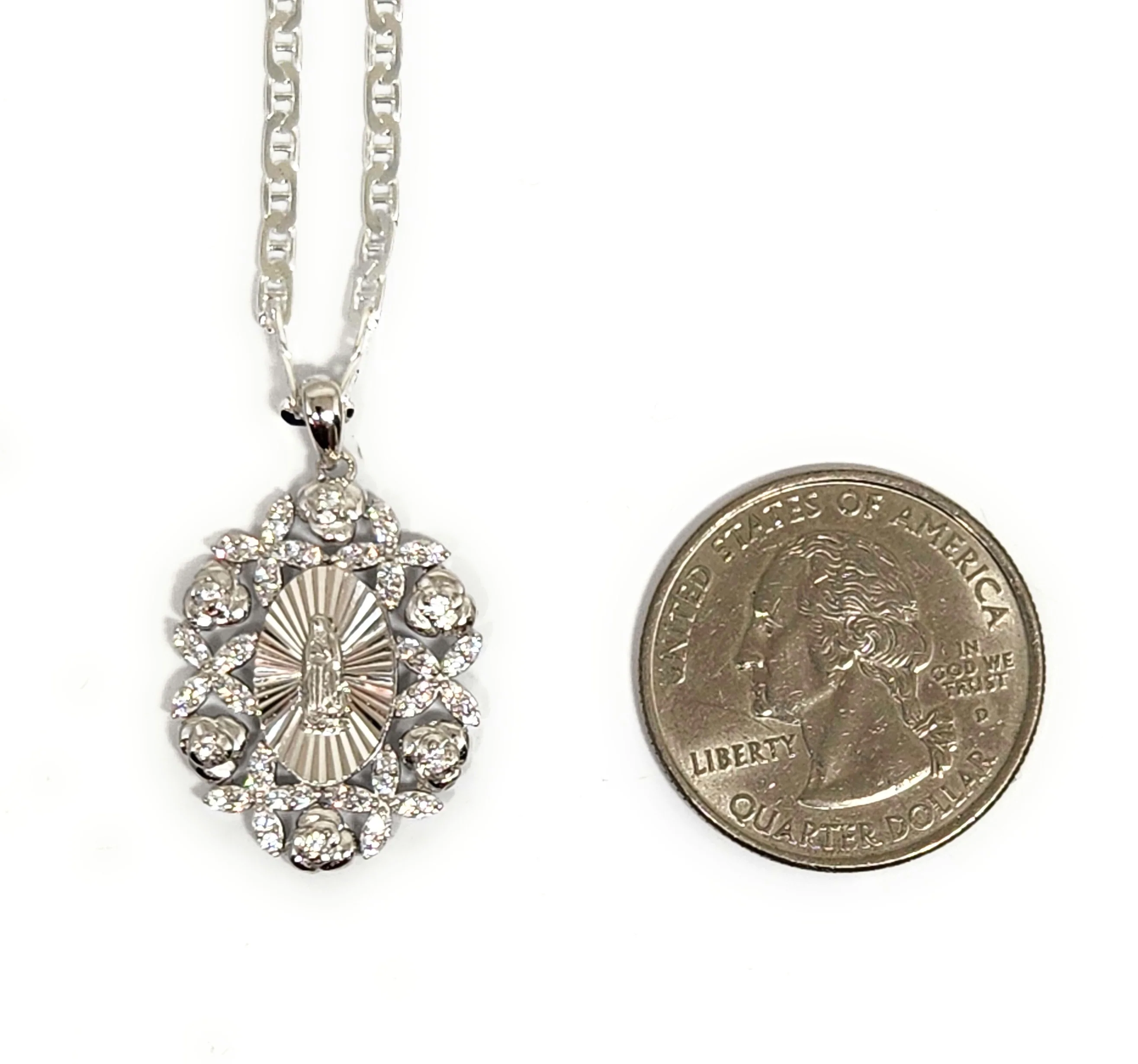 .925 Silver Virrgin Marry CZ FLOWER Pendant Necklace with Chain Options - Image 2
