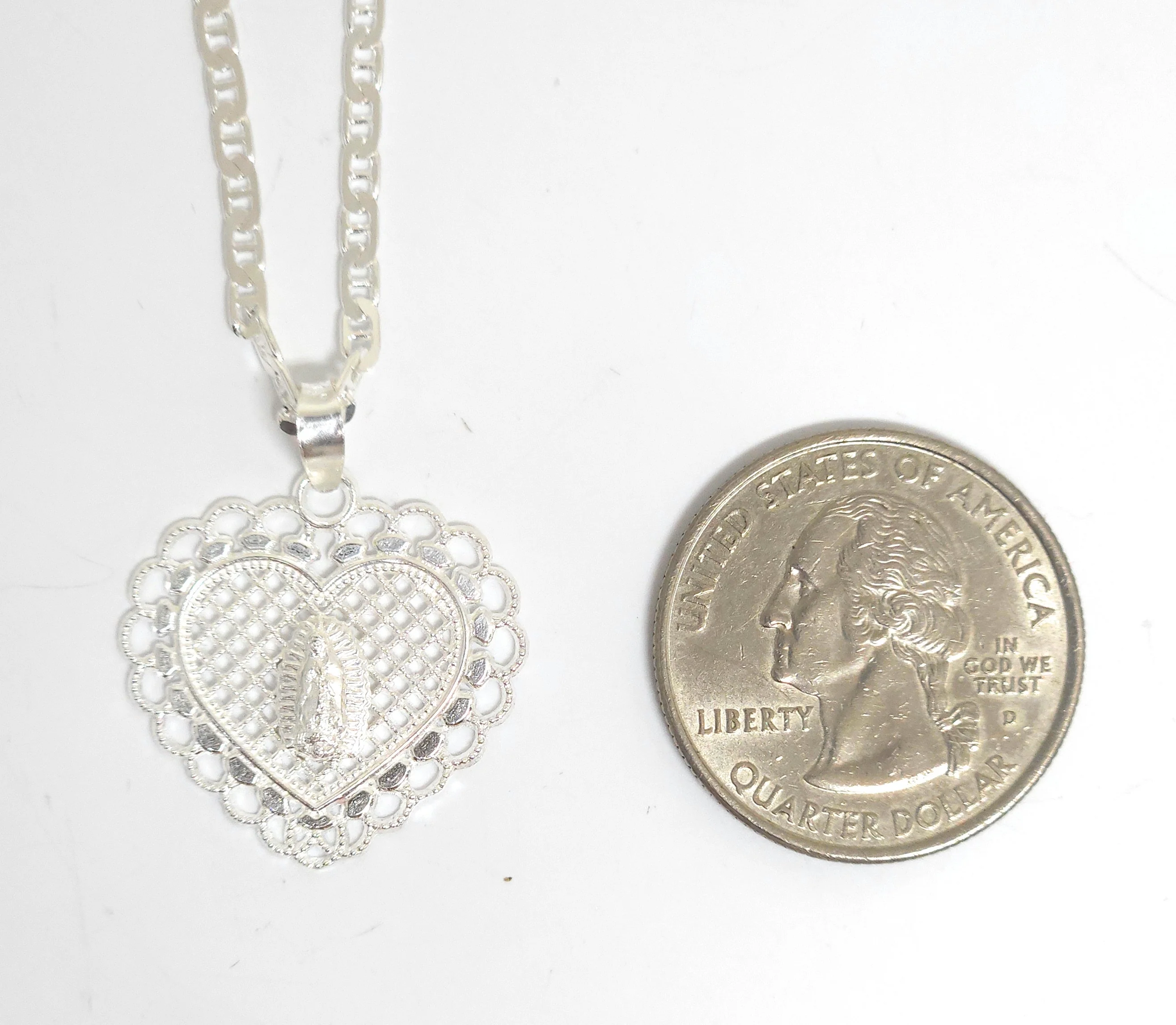 .925 Silver Virrgin Marry HEART FILIGREE Pendant Necklace (MADE IN MX) - Image 2
