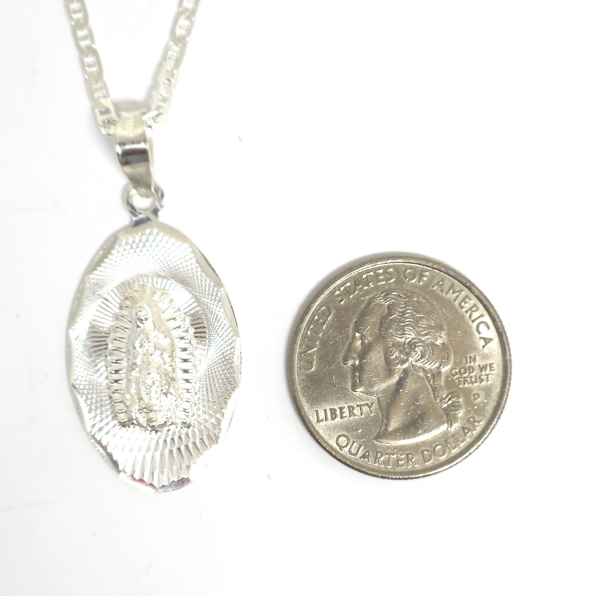 .925 Silver Virrgin Marry Laser Cut OVAL Pendant Necklace (MADE IN MX) - Image 2