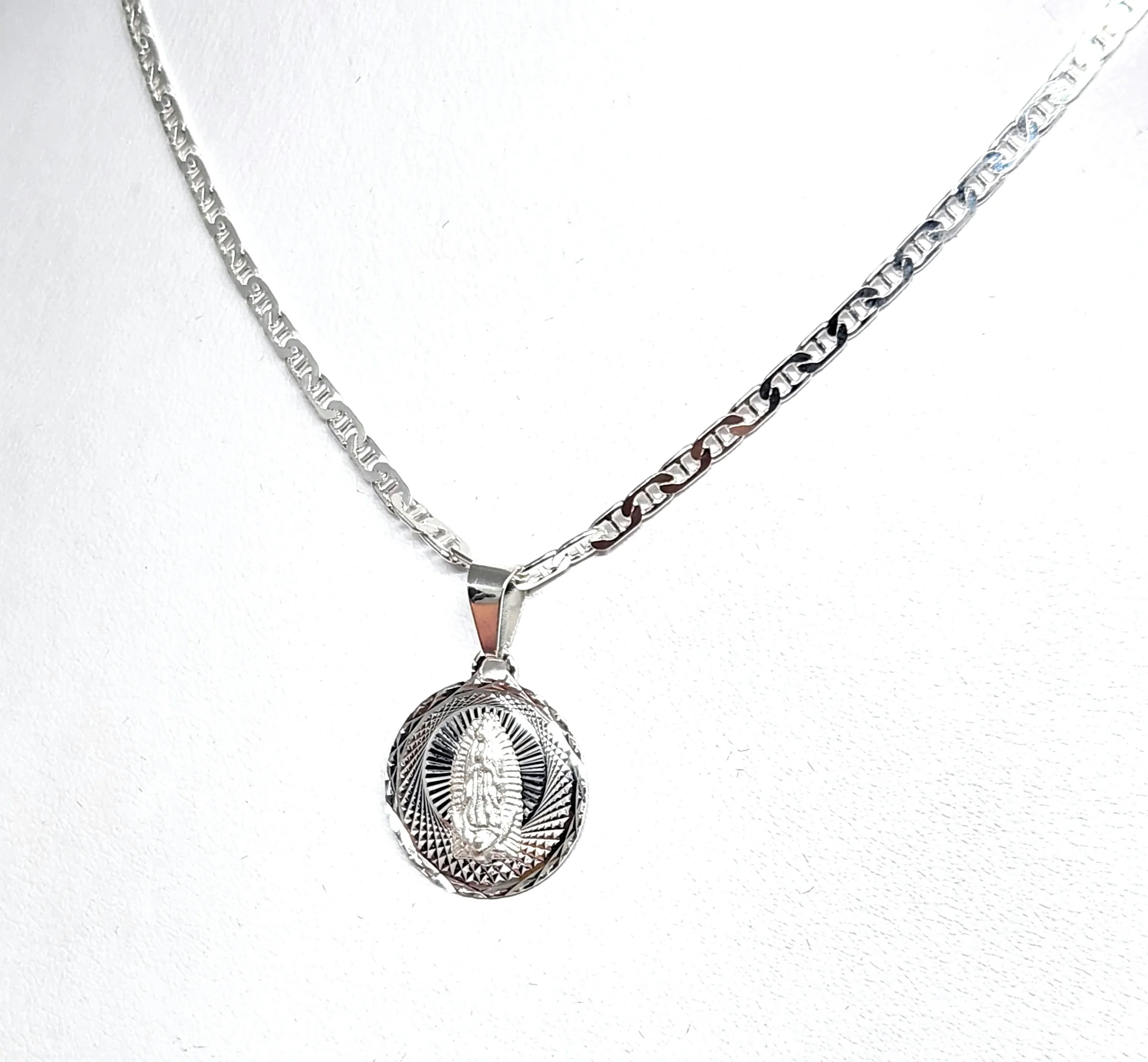 .925 Silver Virrgin Marry Laser Cut Small Round Pendant Necklace with Chain Options (SM) - Image 4