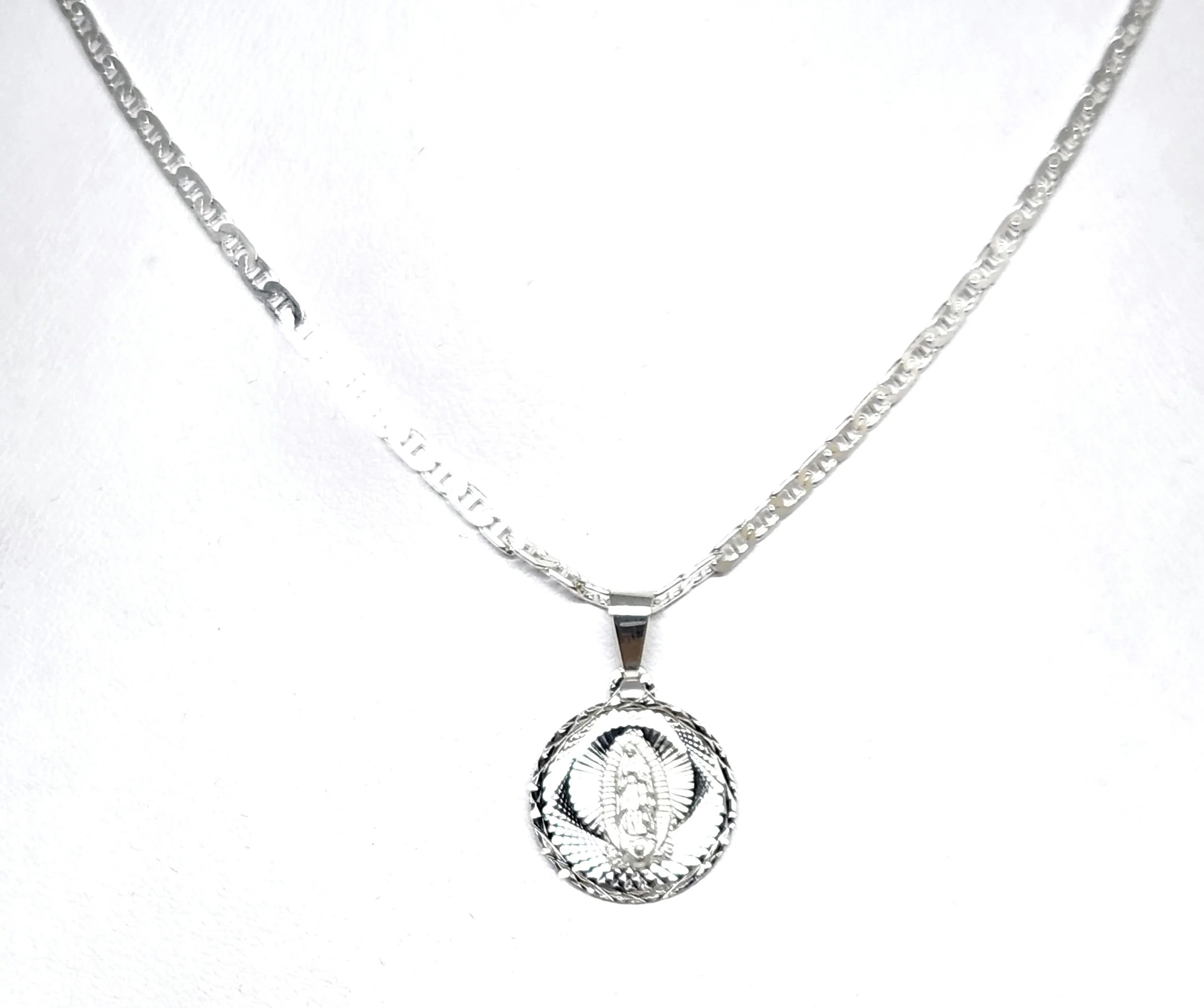 .925 Silver Virrgin Marry Laser Cut Small Round Pendant Necklace with Chain Options (SM) - Image 5