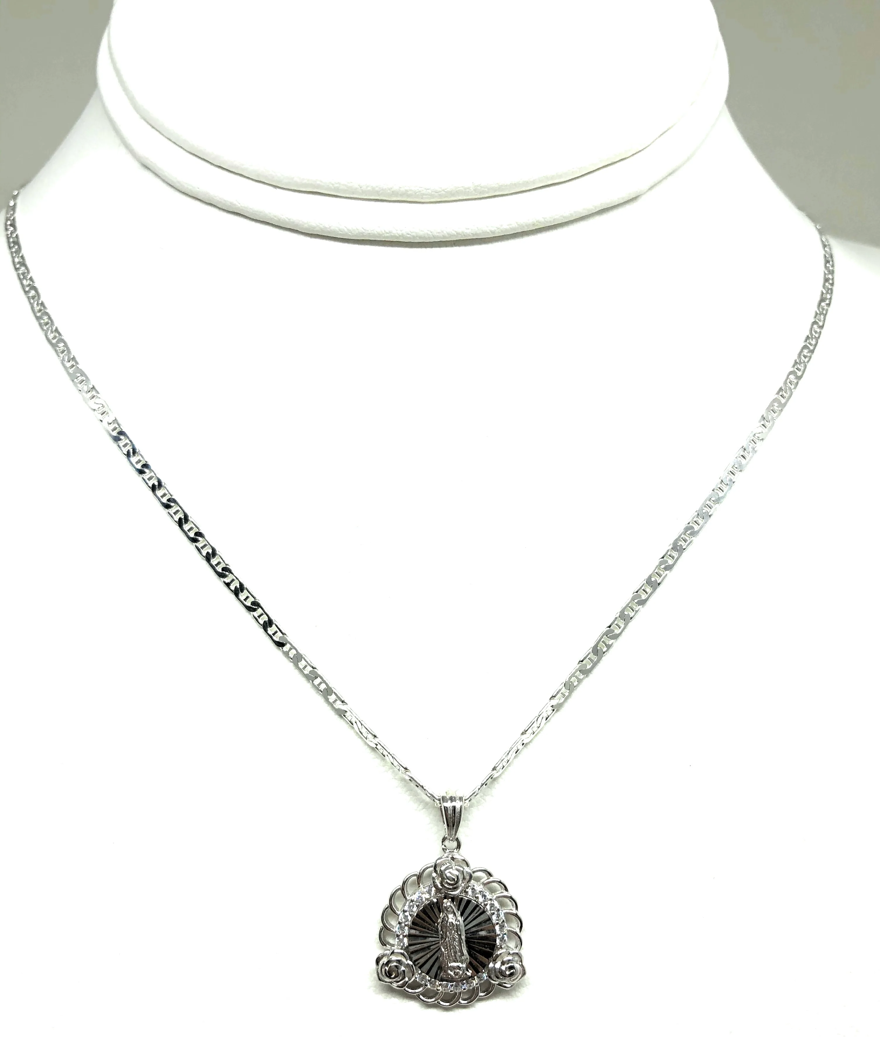 .925 Silver Virrgin Marry Round Pendant CZ Necklace with Chain Options - Image 4