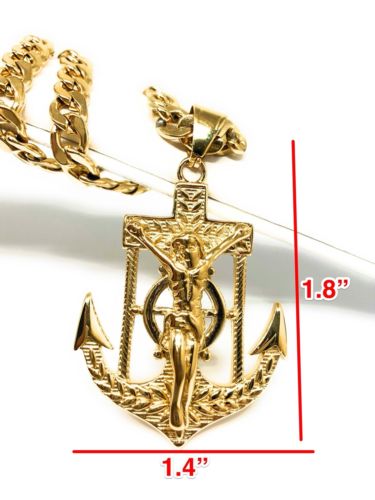 Gold Plated Big Jesus Crucifiix Anchor Pendant Cristo Ancla Crucifijo Cuban Link Chain 30" - Image 10