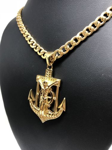Gold Plated Big Jesus Crucifiix Anchor Pendant Cristo Ancla Crucifijo Cuban Link Chain 30" - Image 7
