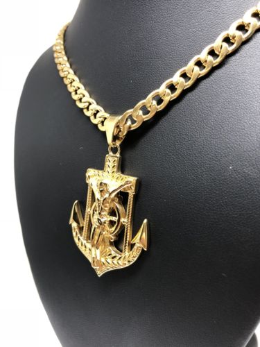 Gold Plated Big Jesus Crucifiix Anchor Pendant Cristo Ancla Crucifijo Cuban Link Chain 30" - Image 8