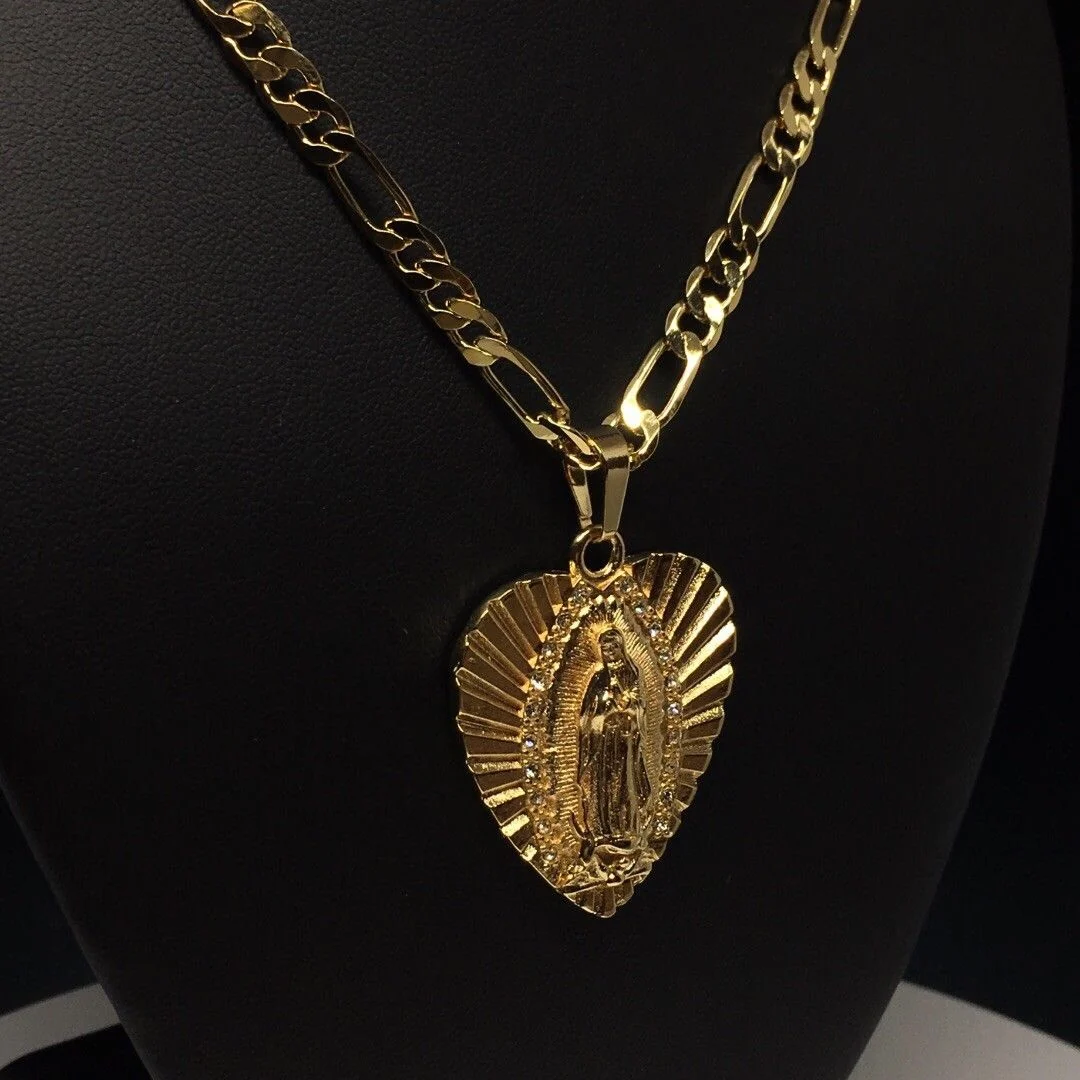 Gold Plated Virgin Mary Heart Pendant with 24" 4mm Figaro Chain Virgen Guadalupe corazón - Image 11