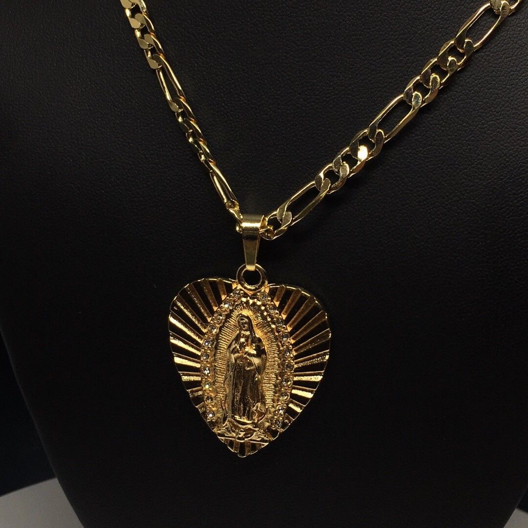 Gold Plated Virgin Mary Heart Pendant with 24" 4mm Figaro Chain Virgen Guadalupe corazón - Image 9