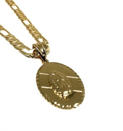 Gold Plated Small Virgin Mary Pendant with 24" Chain  Virgen De Guadalupe Medalla