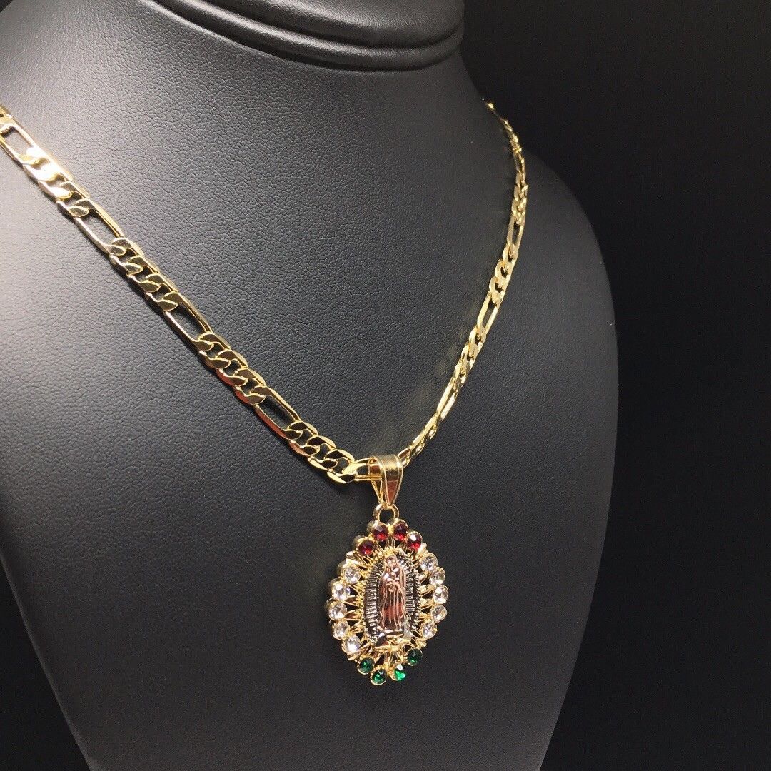 Gold Plated Tri-Color Virgin Mary Pendant Color Stones 26" Chain / Virgen De Guadalupe Medalla Tres Oros Con Piedras Color Cadena 26" Oro Laminado - Image 3