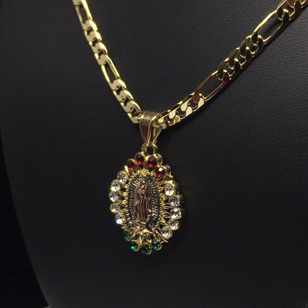 Gold Plated Tri-Color Virgin Mary Pendant Color Stones 26" Chain / Virgen De Guadalupe Medalla Tres Oros Con Piedras Color Cadena 26" Oro Laminado - Image 9