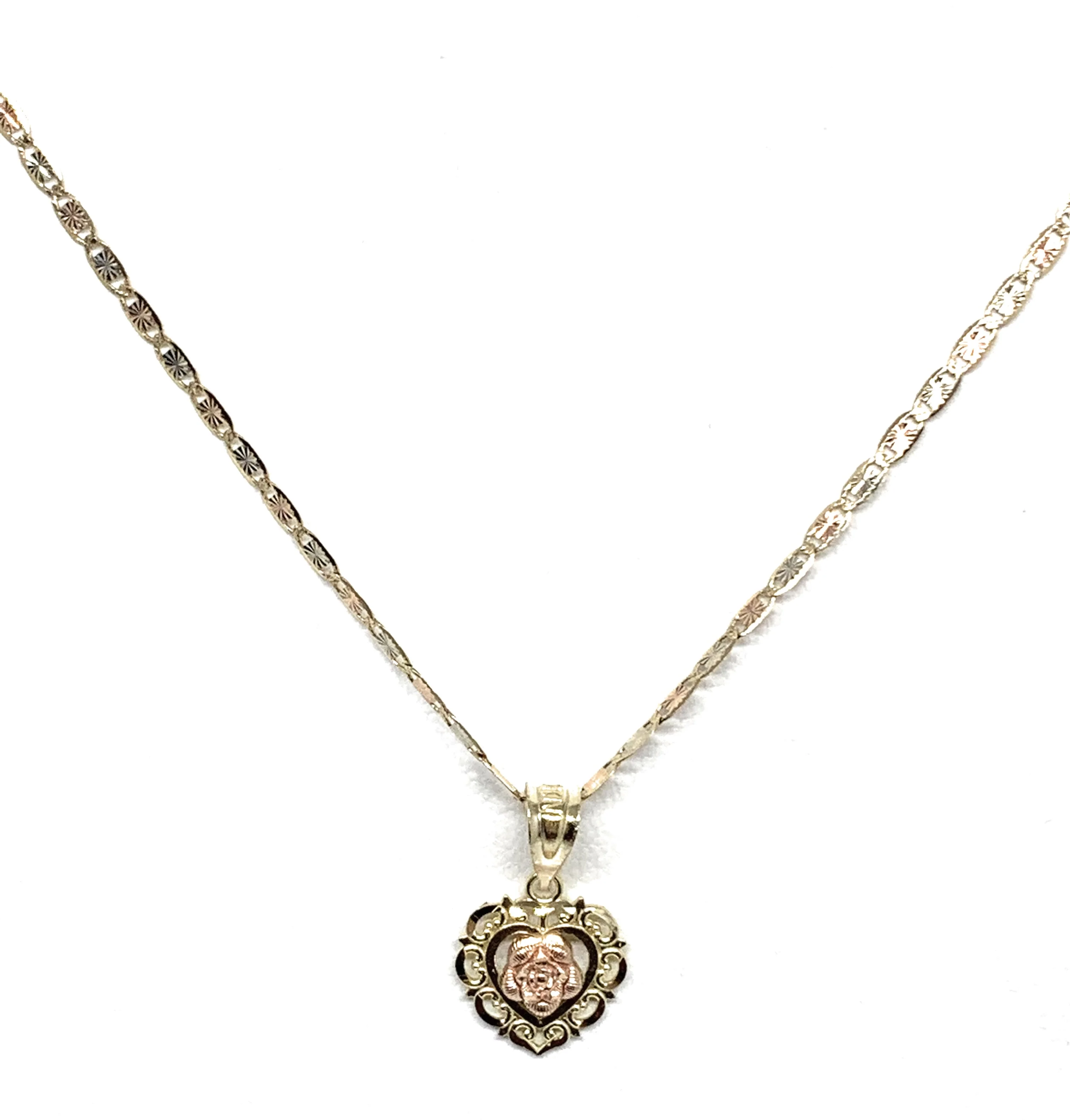 10k Solid Gold Yellow & Rose Heart Filigran Pendant Necklace Valentina Chain - Image 3