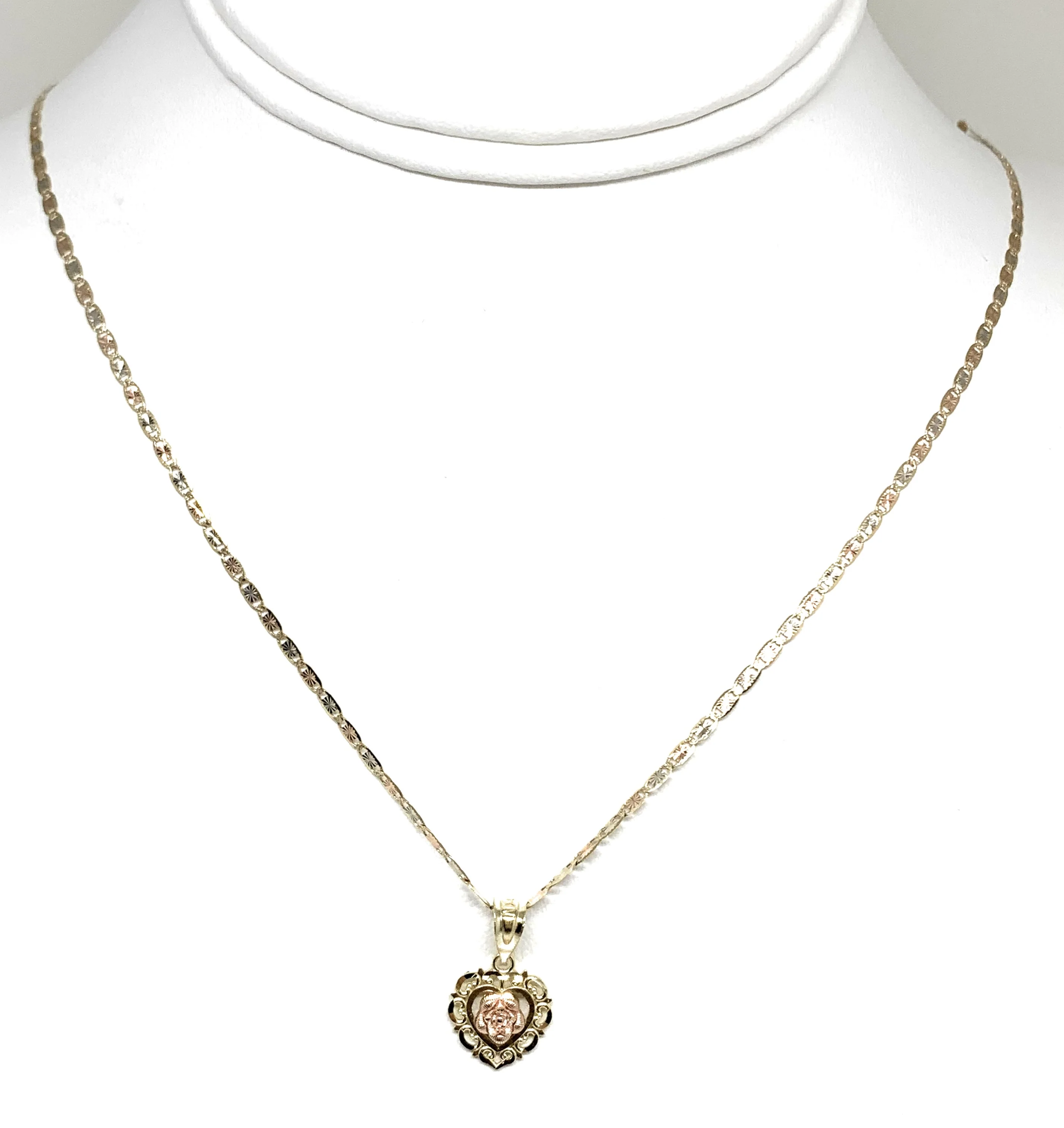 10k Solid Gold Yellow & Rose Heart Filigran Pendant Necklace Valentina Chain - Image 4