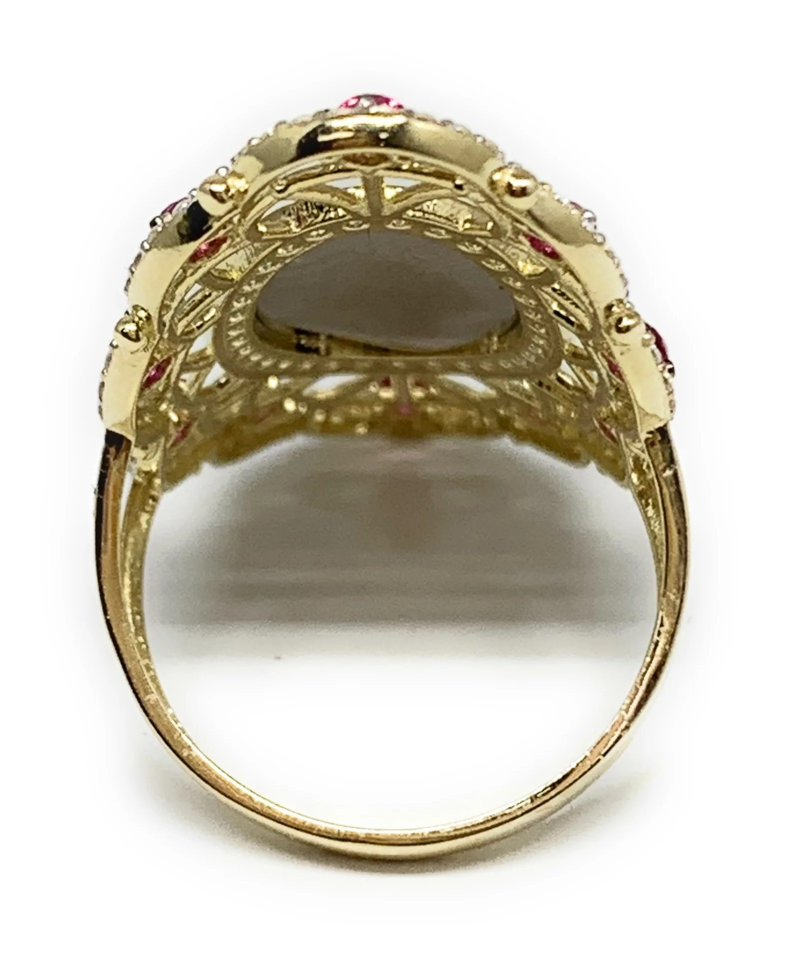 14k Solid Gold Tri-Color Virrgin Mary Red CZ Fancy Elegant Filigran Long Oval Ring - Image 2