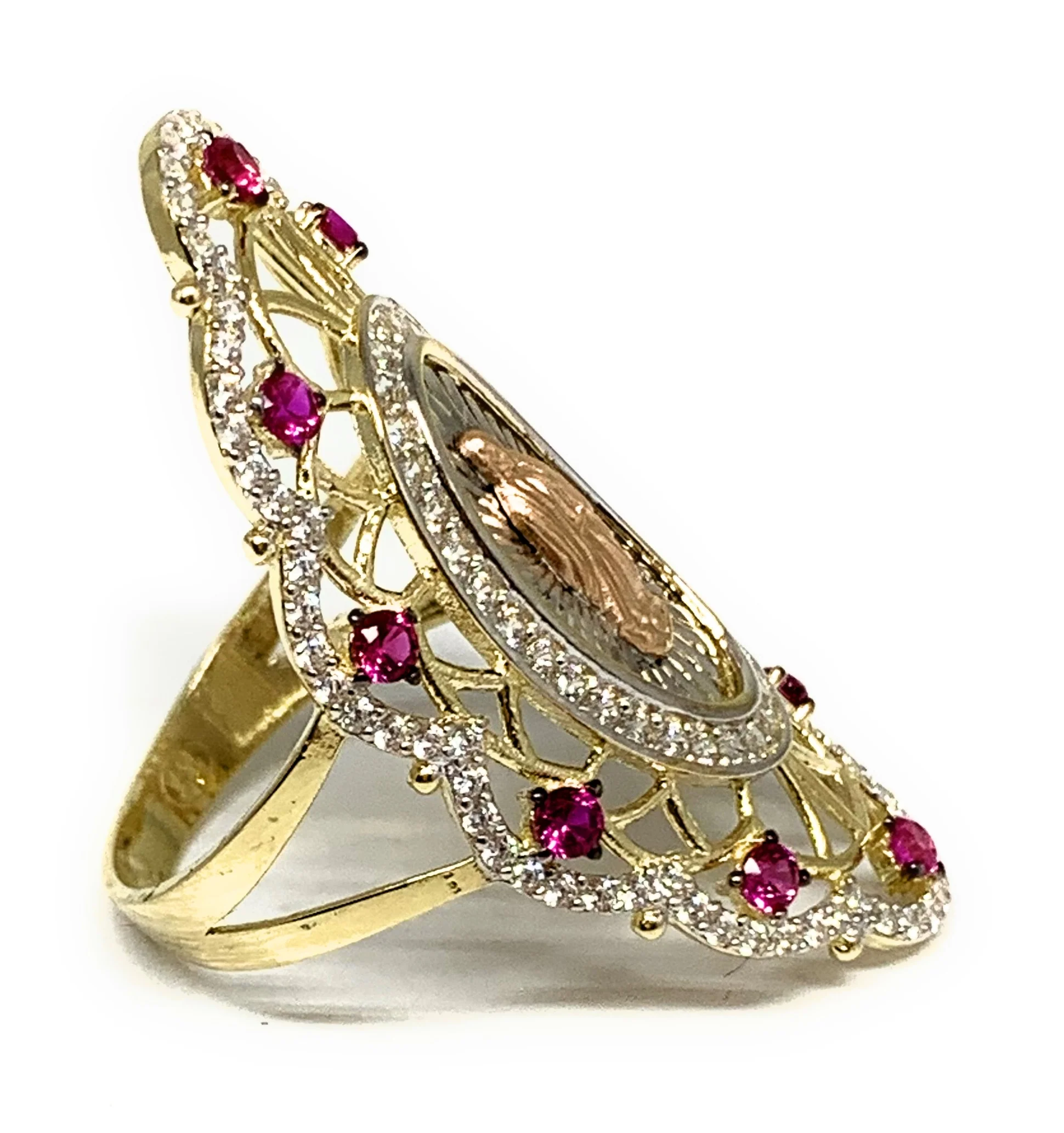 14k Solid Gold Tri-Color Virrgin Mary Red CZ Fancy Elegant Filigran Long Oval Ring - Image 3