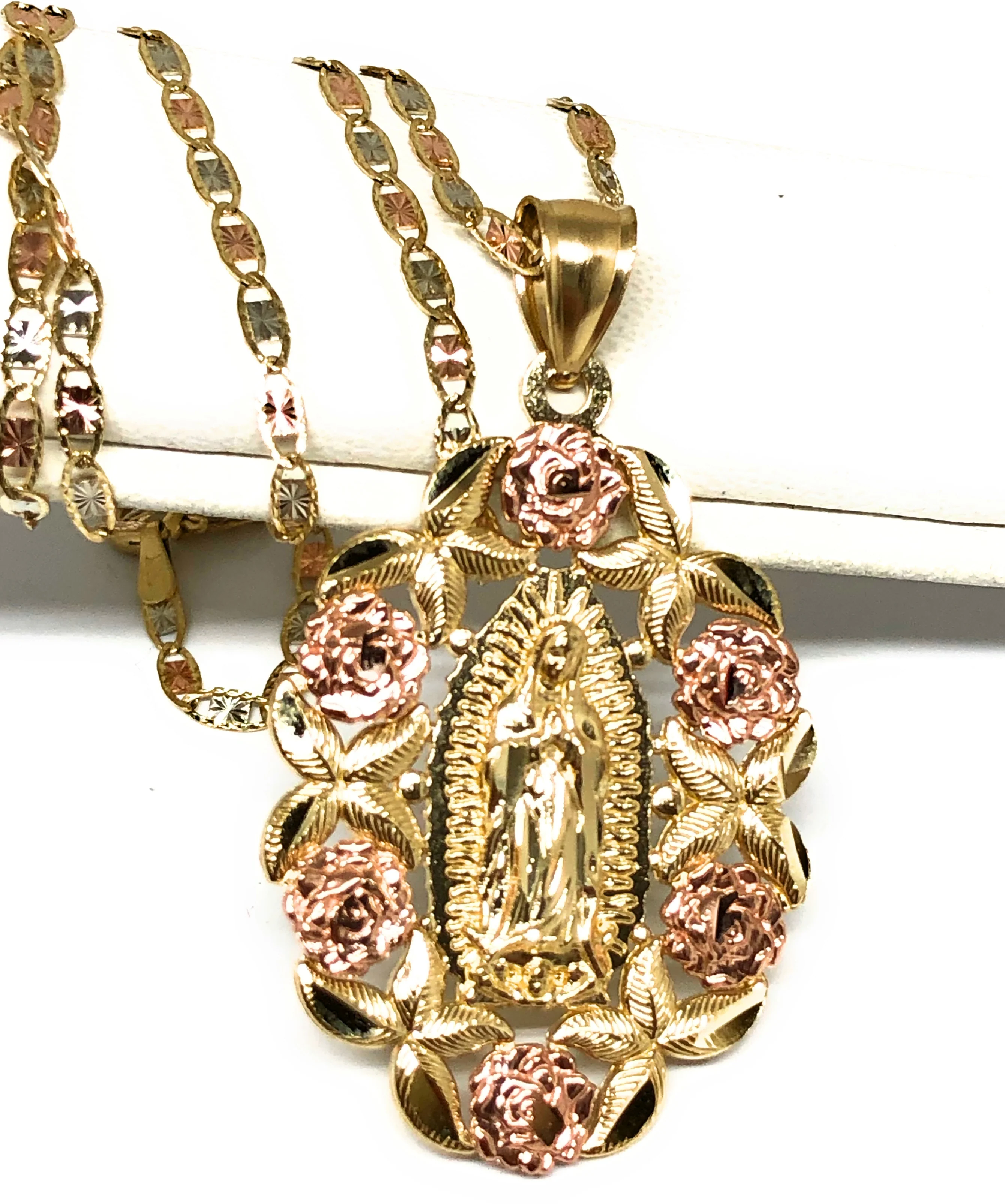 14k Solid Gold Tri-Color Gold Virrgin Mary Flower Pendant Necklace Virrgen Gaudalupe Valentina Chain (LG) - Image 3