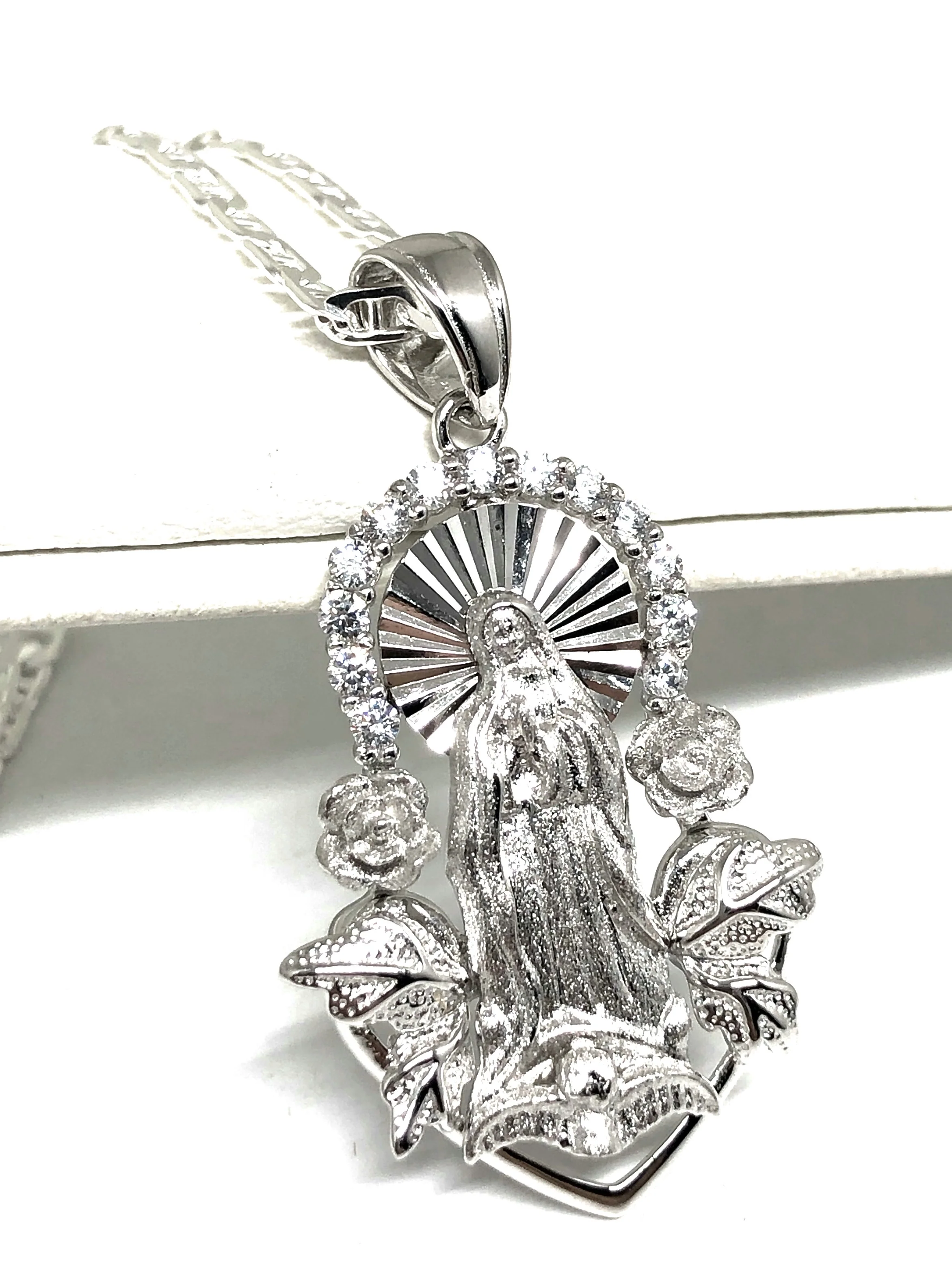 .925 Silver Virrgin Marry Pendant Roses CZ Necklace with Chain Options - Image 2