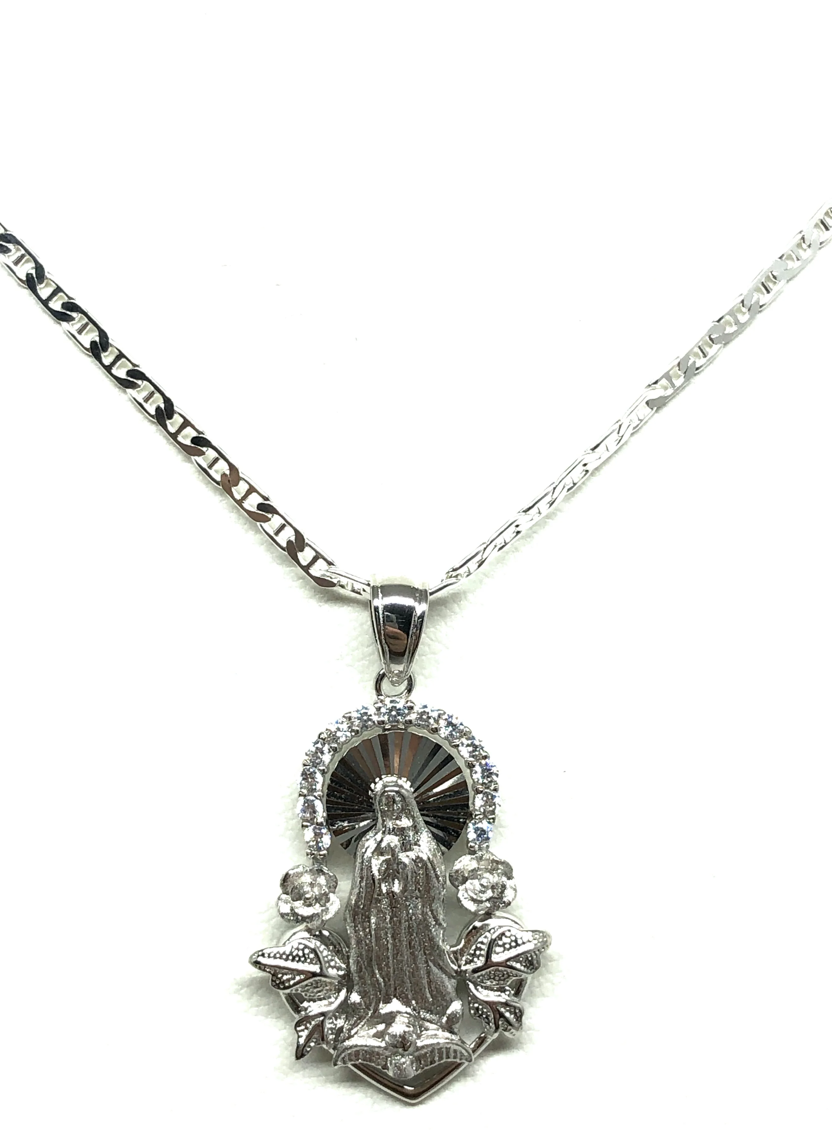 .925 Silver Virrgin Marry Pendant Roses CZ Necklace with Chain Options - Image 4