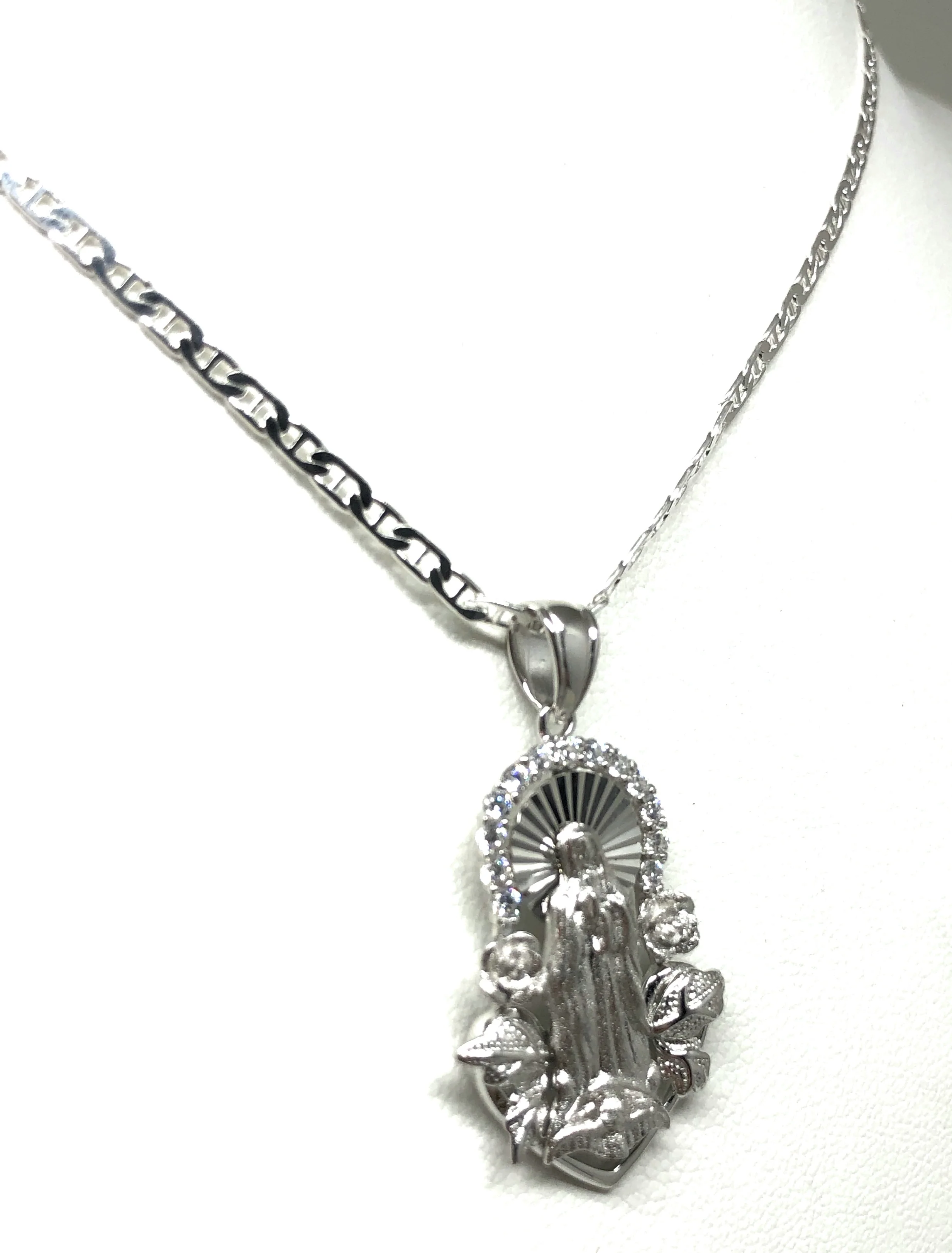 .925 Silver Virrgin Marry Pendant Roses CZ Necklace with Chain Options - Image 5