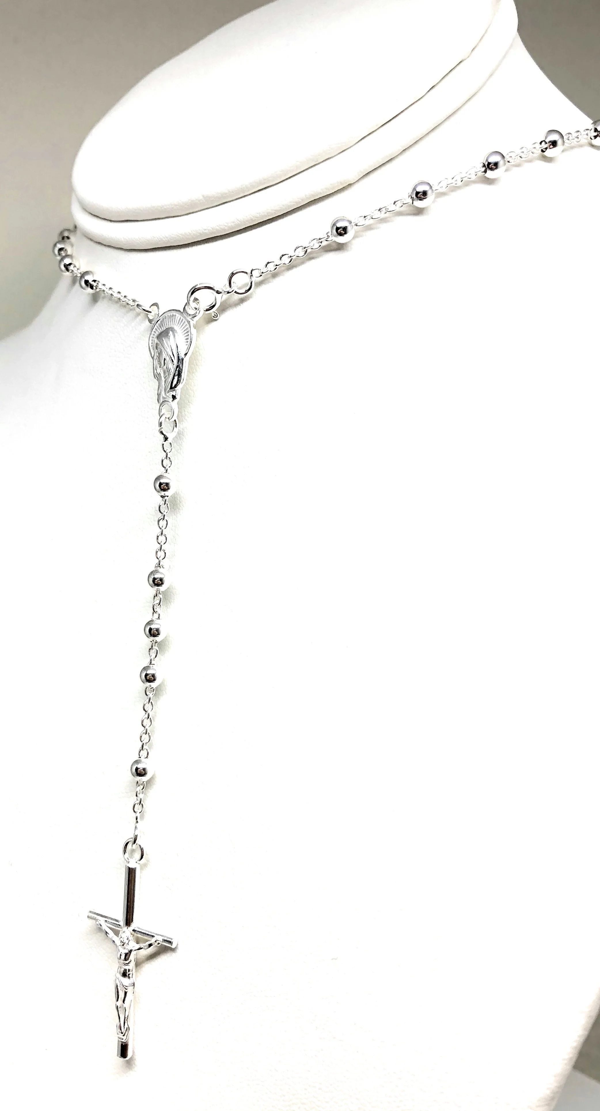 .925 Silver Virrgin Marry Rosarry Jesus Crucifix 30 inch 4mm Rossario - Image 5