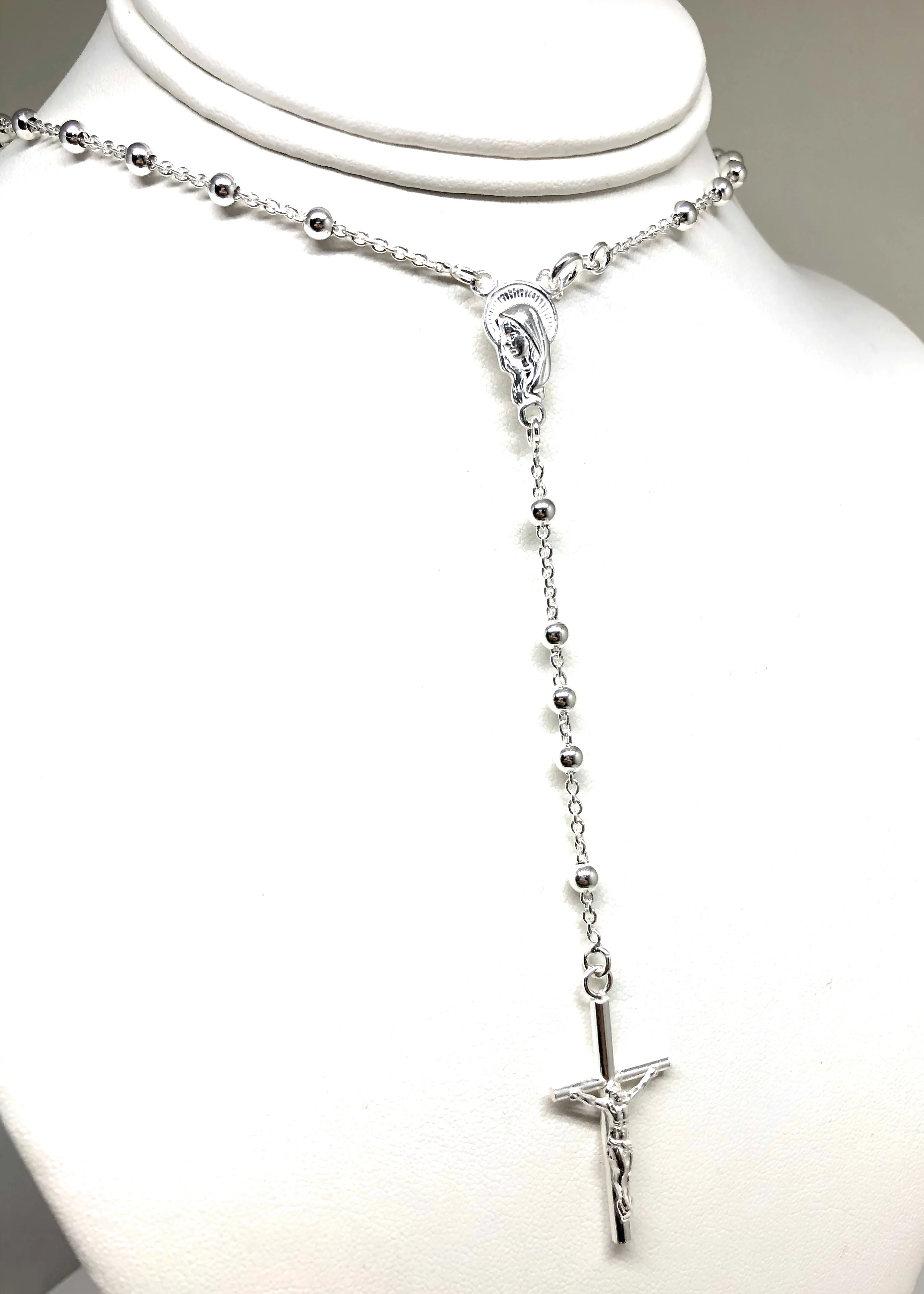 .925 Silver Virrgin Marry Rosarry Jesus Crucifix 30 inch 4mm Rossario - Image 6