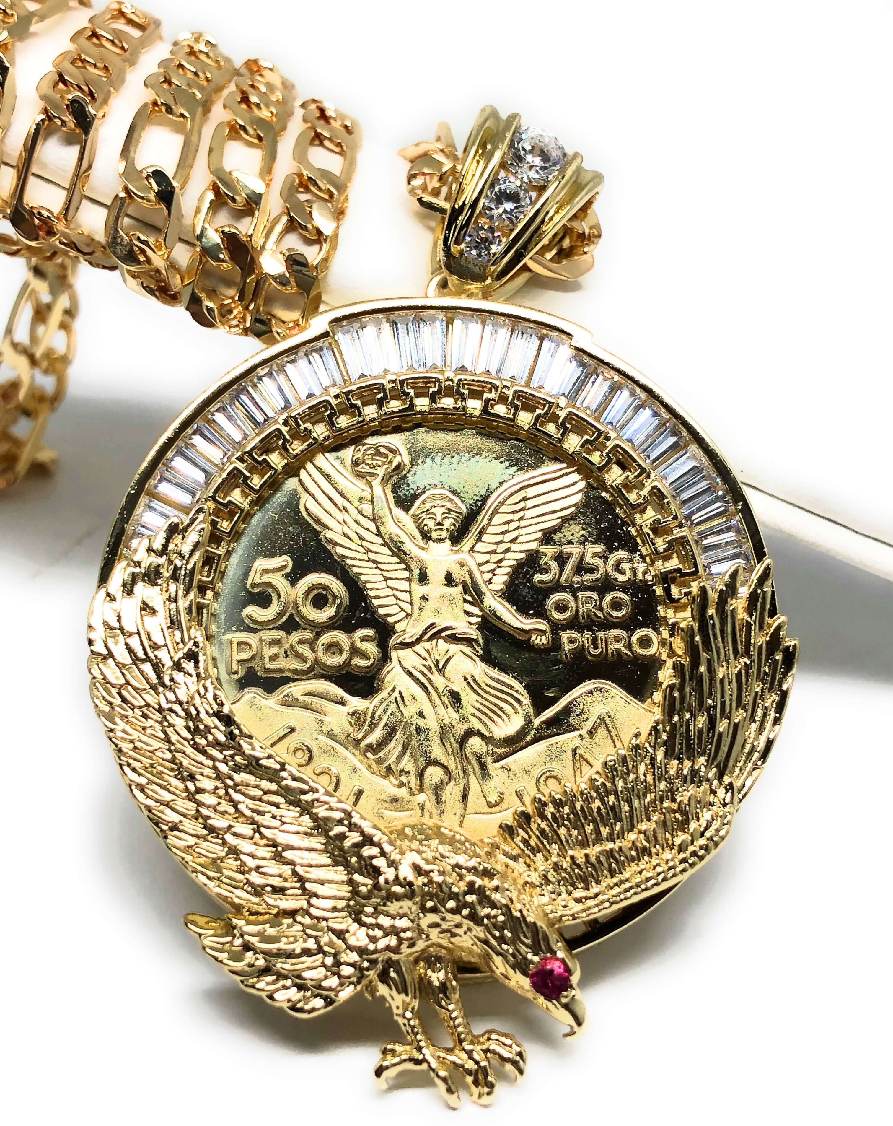Gold Plated Coin Eagle Centenario Mexicano Moneda 50 Pesos Pendant Chain CZ Oro Cadena 26"
