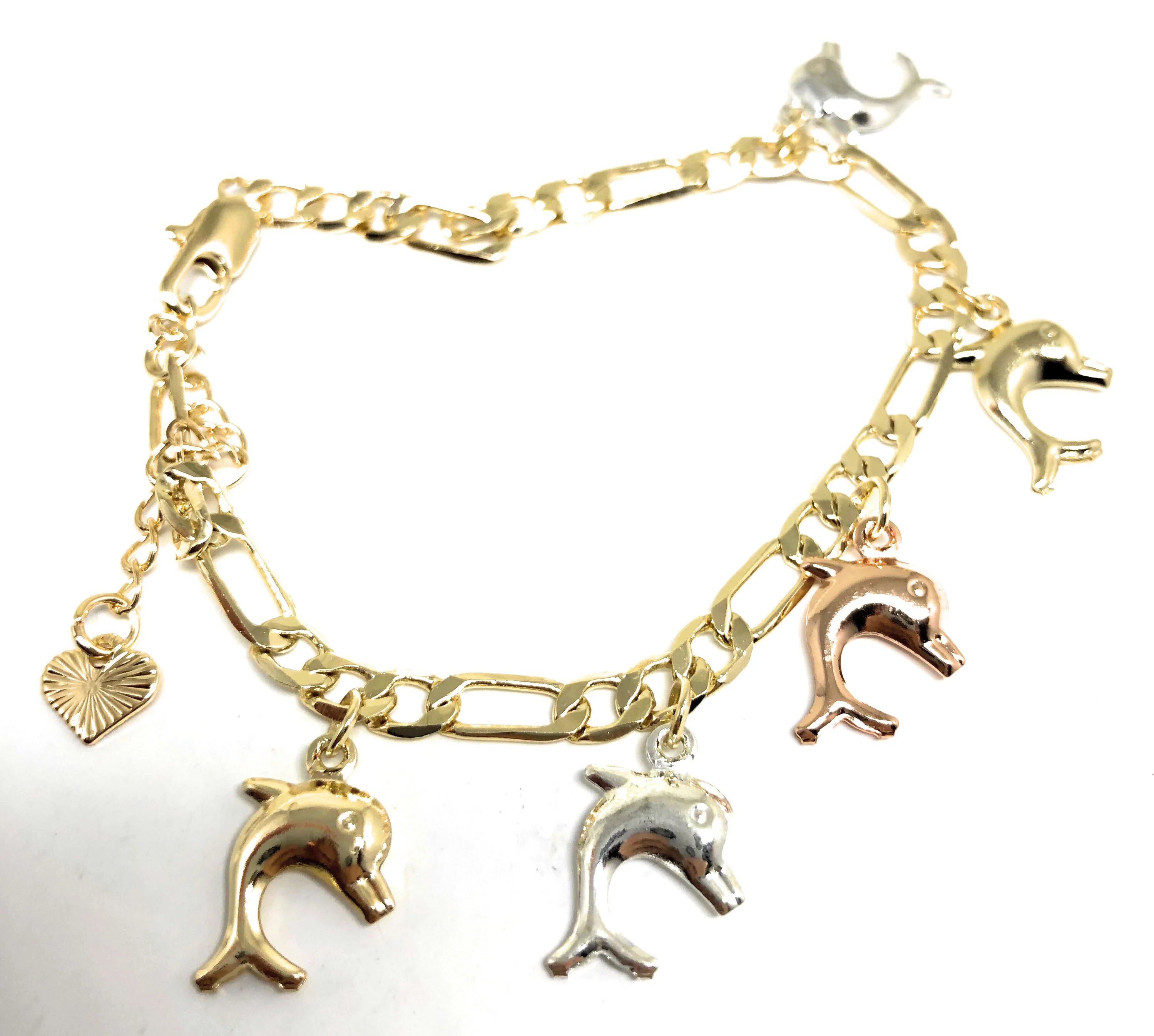 Gold Plated Tri-Color Dolphin Charm Bracelet 8” - Image 2