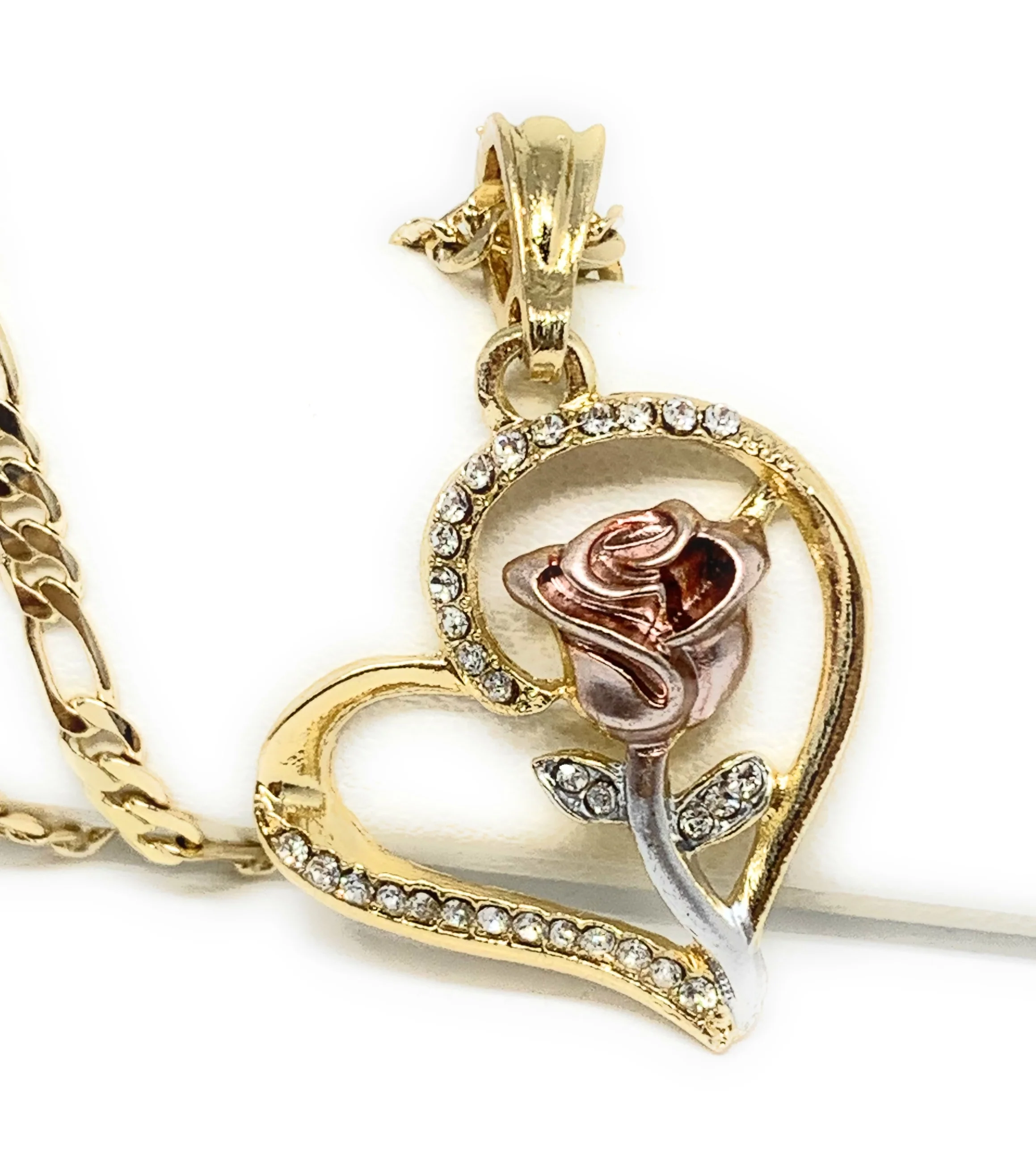 Gold Plated Tri-Color Heart Rose CZ Pendant Necklace Chain 24”