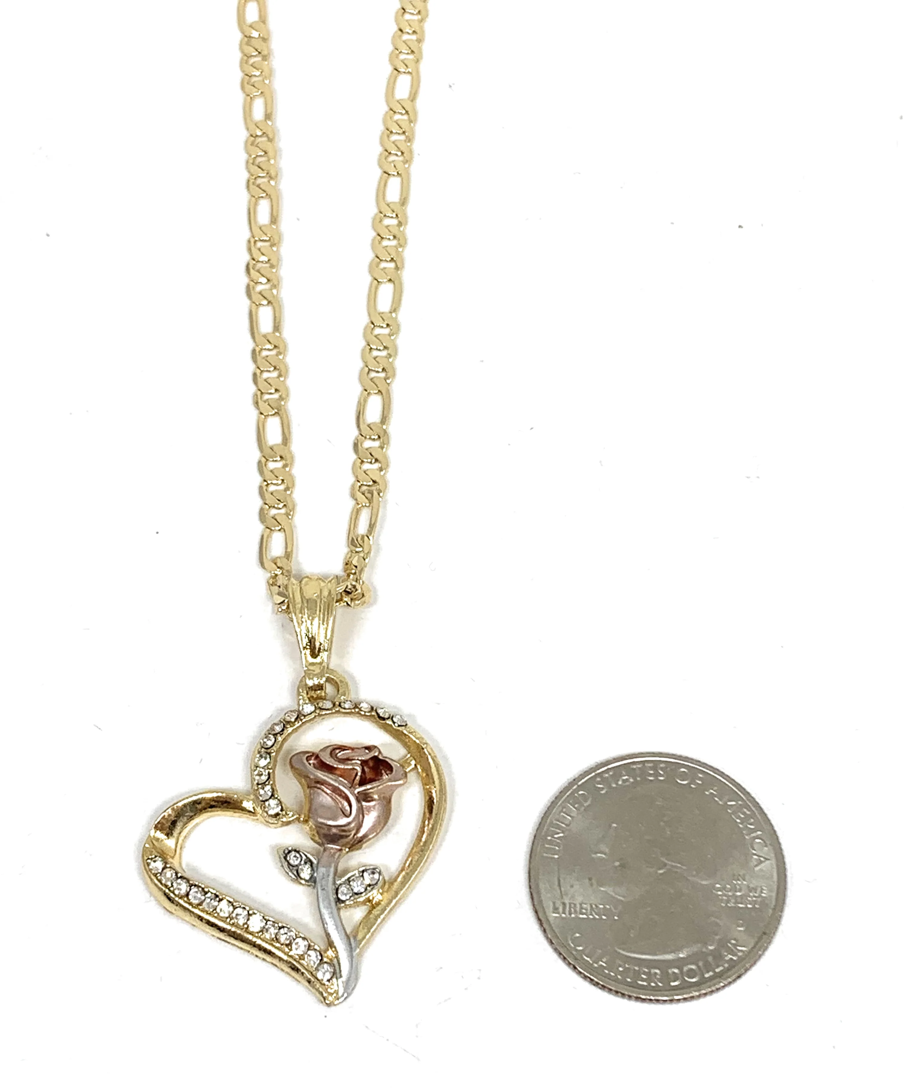 Gold Plated Tri-Color Heart Rose CZ Pendant Necklace Chain 24” - Image 2