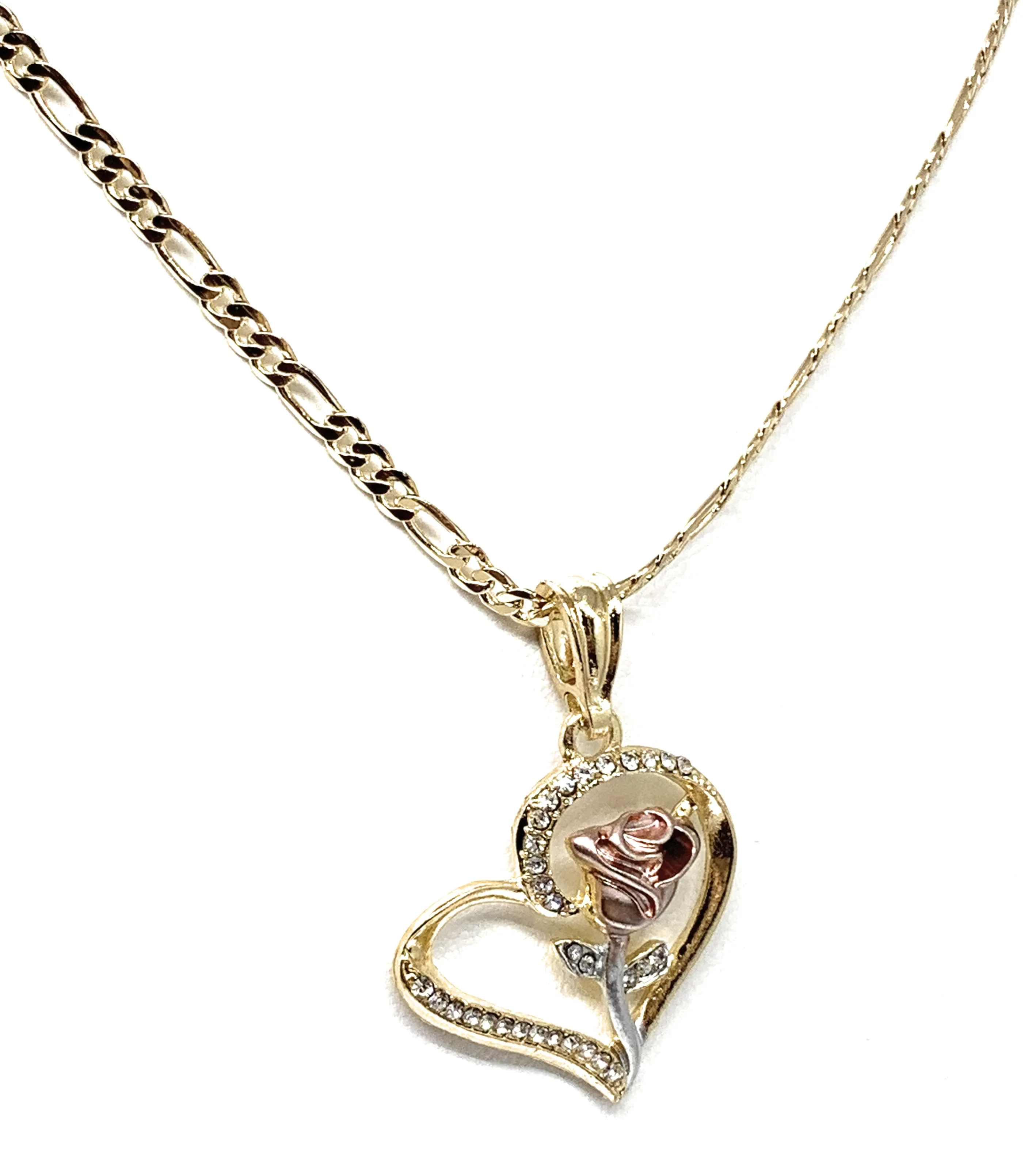Gold Plated Tri-Color Heart Rose CZ Pendant Necklace Chain 24” - Image 3