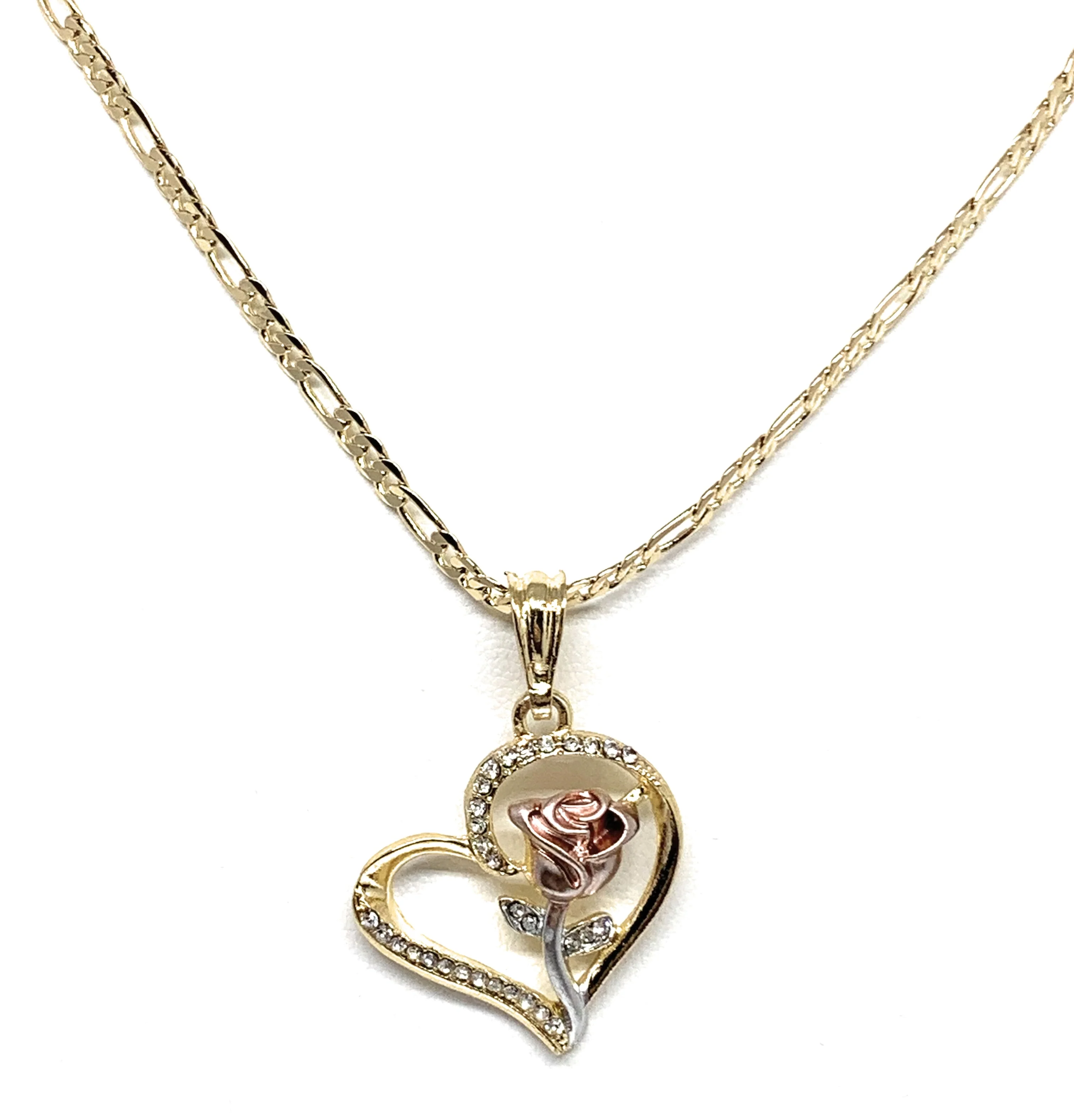 Gold Plated Tri-Color Heart Rose CZ Pendant Necklace Chain 24” - Image 4
