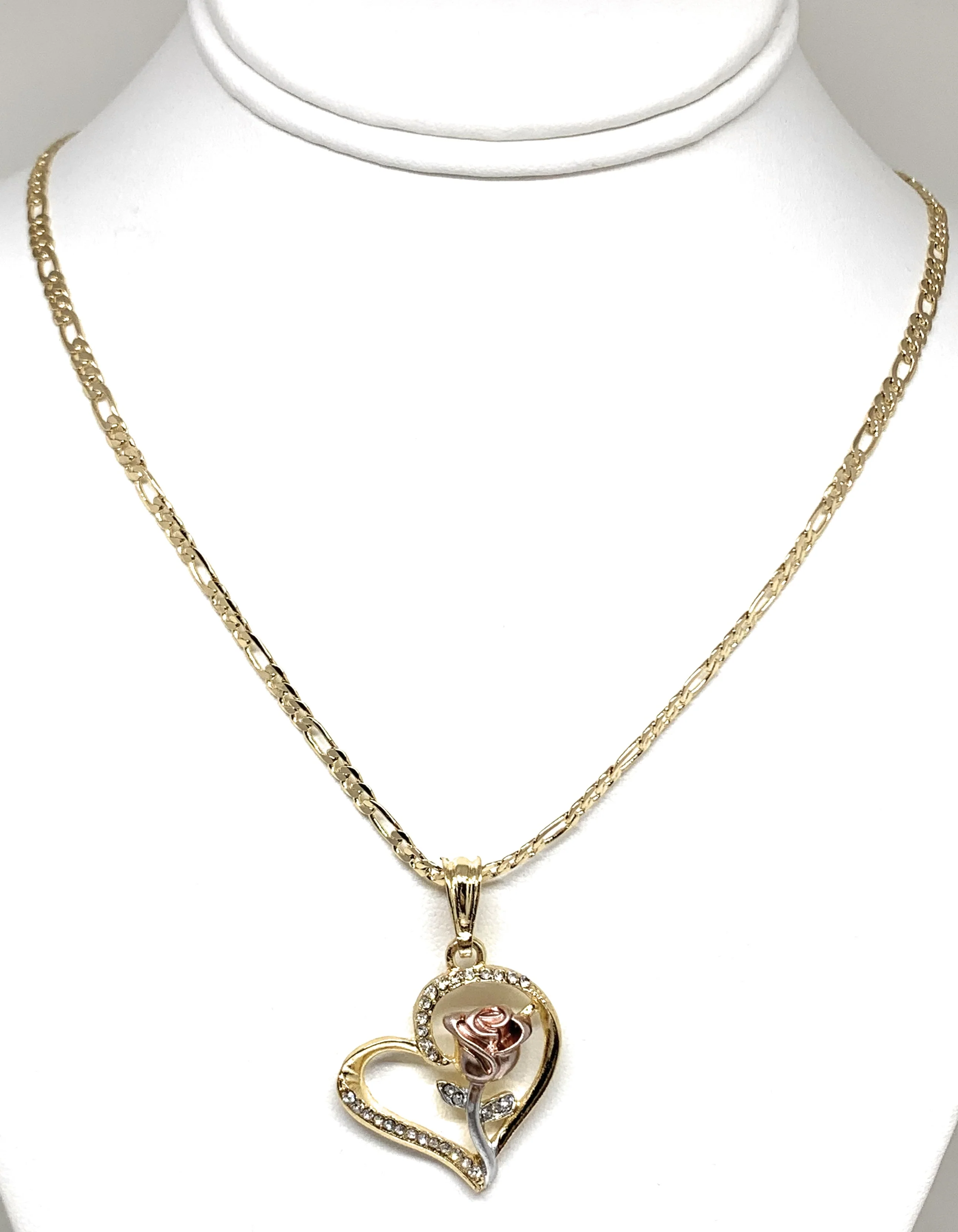 Gold Plated Tri-Color Heart Rose CZ Pendant Necklace Chain 24” - Image 5
